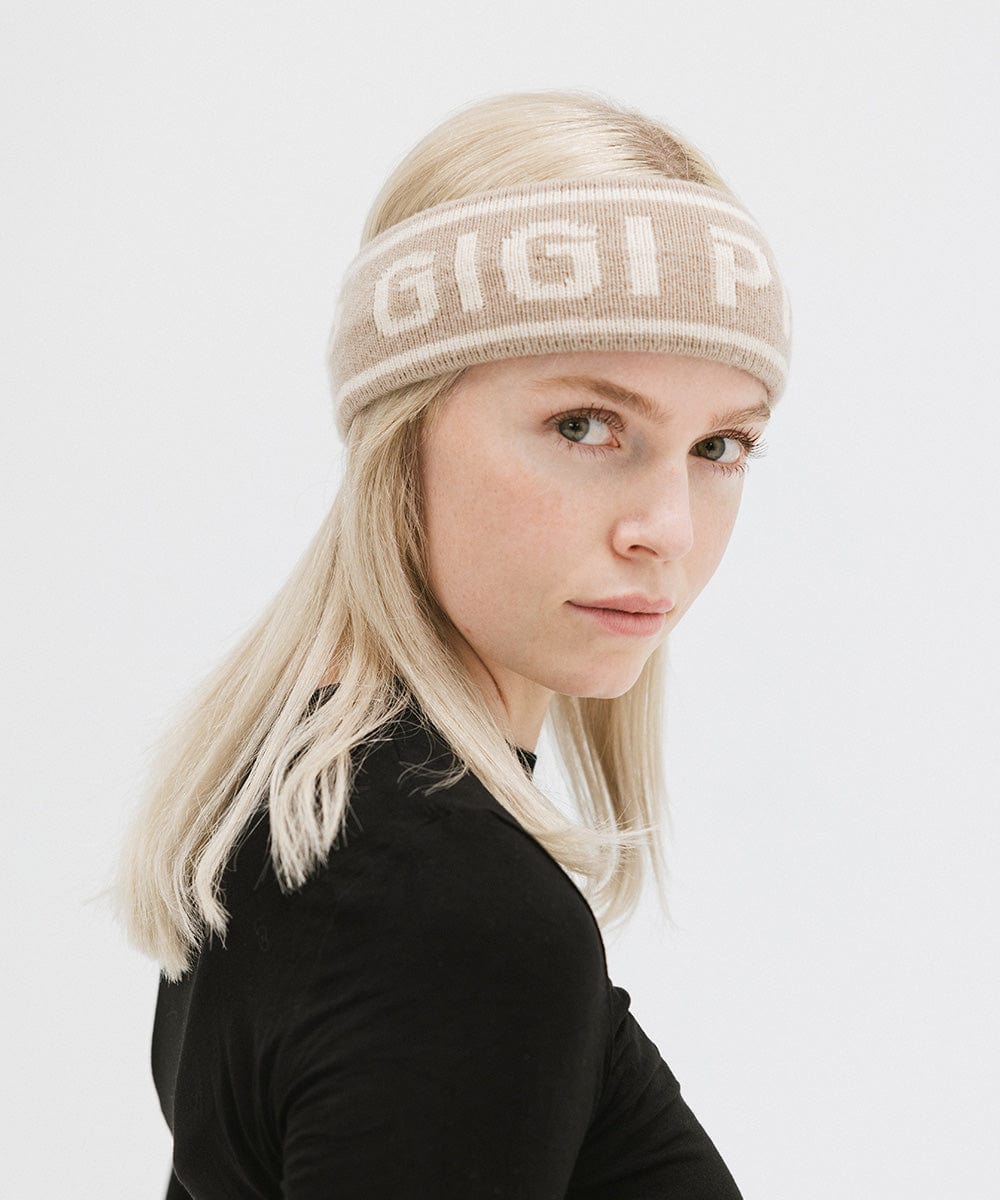 Gigi Pip winter hats for women - Ashton Retro Headband - 10% wool + 90% acrylic classic retro ski style headbands with limited edition holiday logo [taupe]