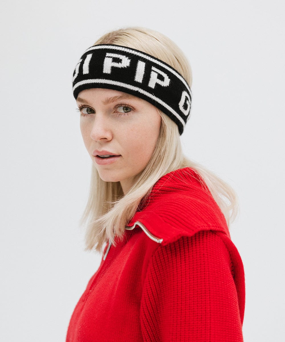 Gigi Pip winter hats for women - Ashton Retro Headband - 10% wool + 90% acrylic classic retro ski style headbands with limited edition holiday logo [black]