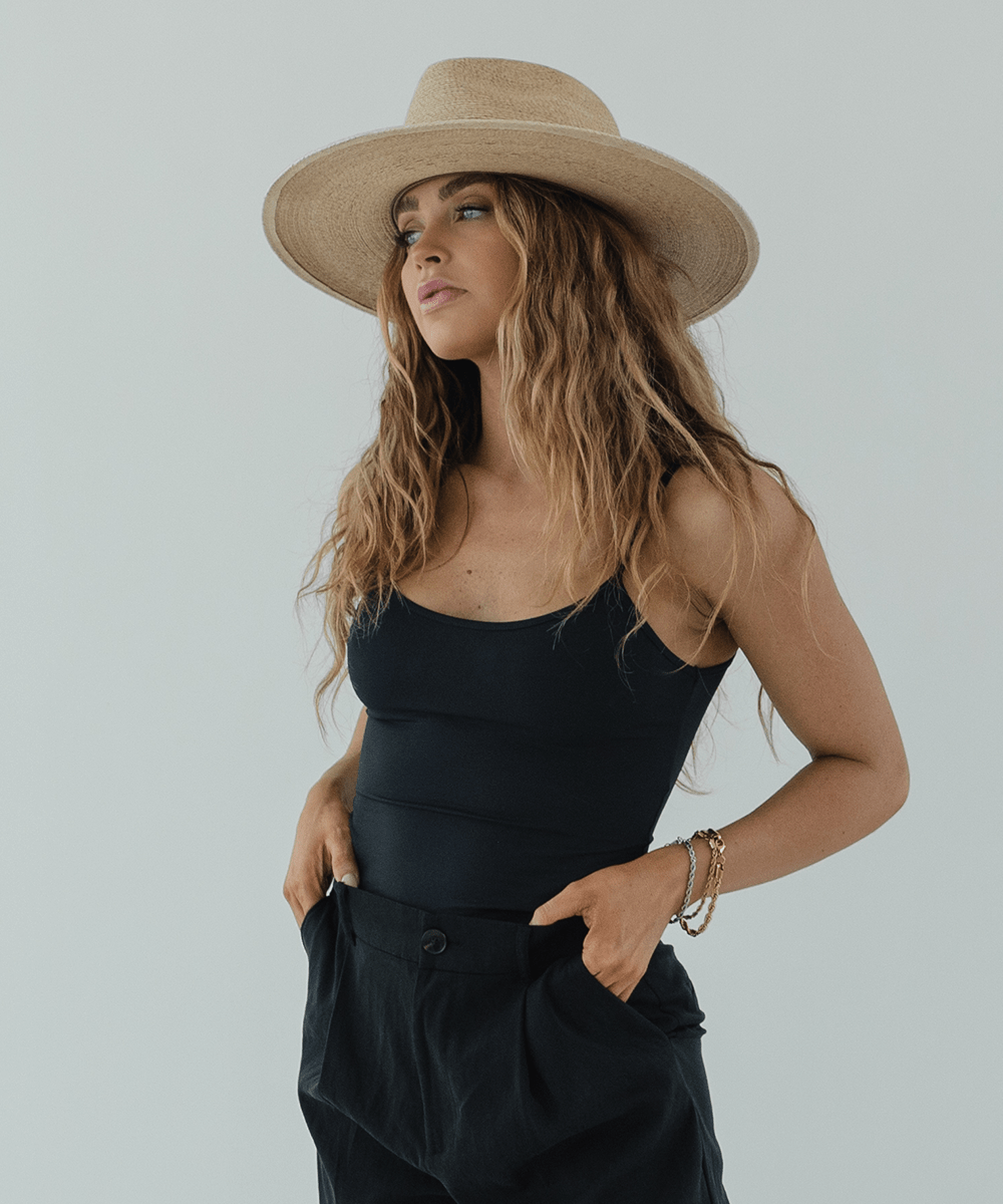 Gigi Pip straw hats for women - Cara Loren Straw Hat in natural toasted color, wide brim fedor with tightly woven Guatemalan palm [toasted]