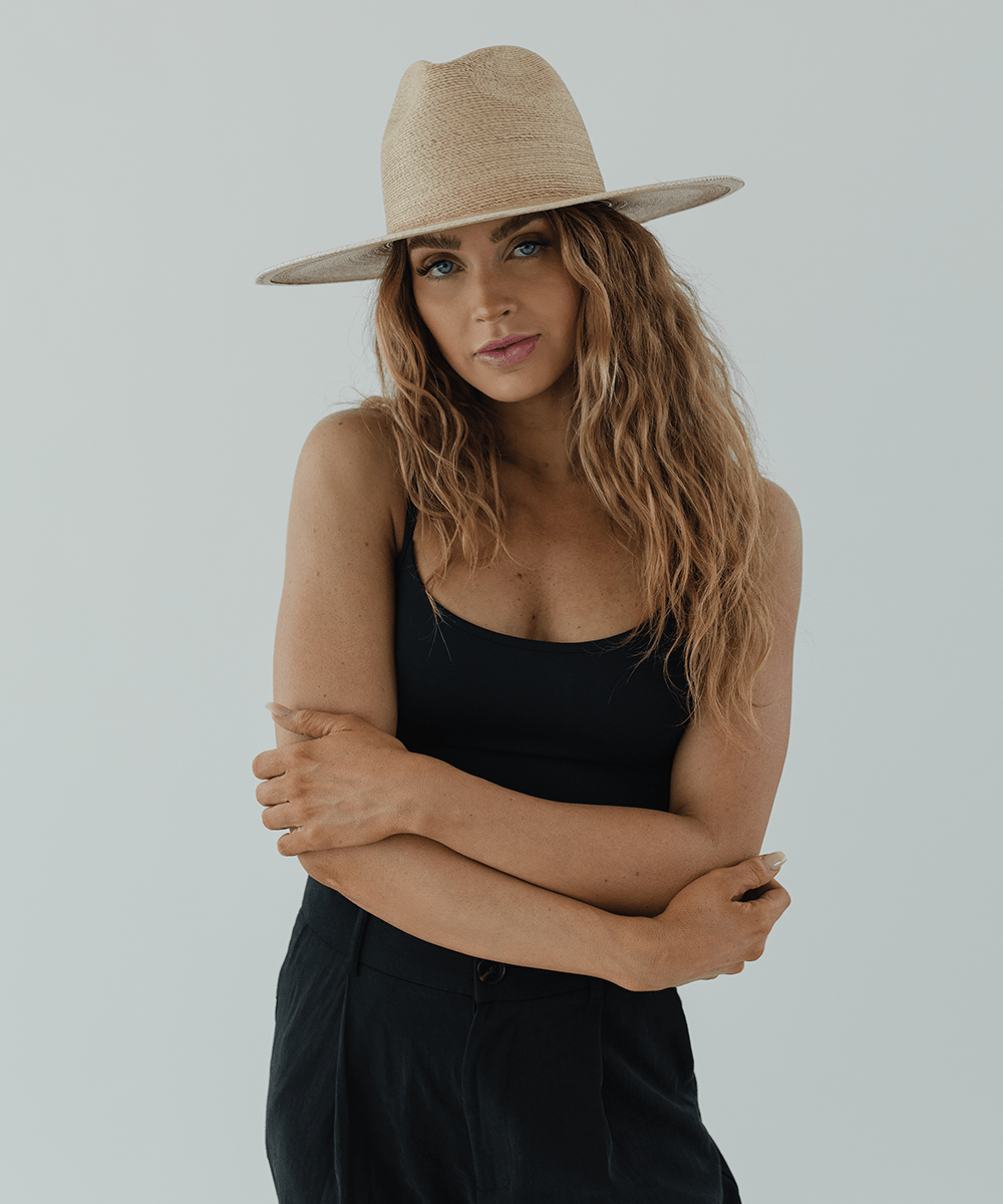 Gigi Pip straw hats for women - Cara Loren Straw Hat in natural toasted color, wide brim fedor with tightly woven Guatemalan palm [toasted]