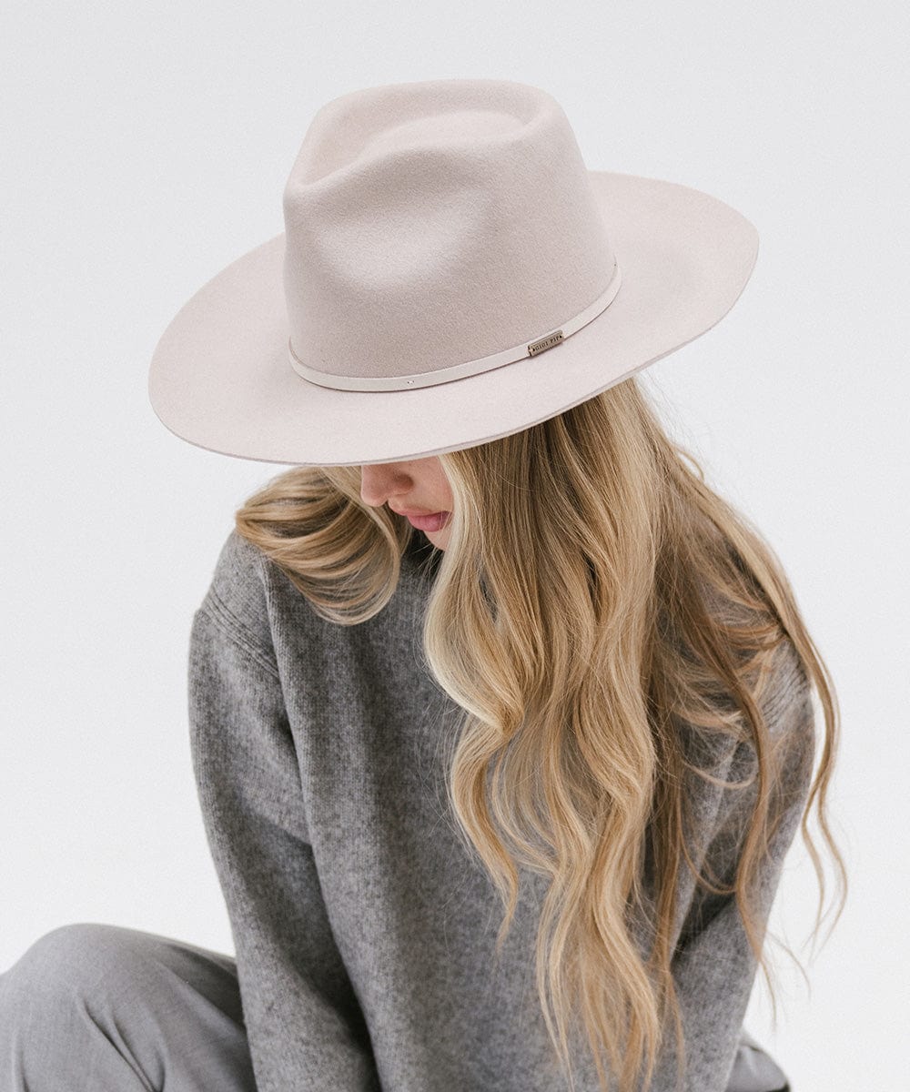 Gigi Pip felt hats for women - Rowan Fedora - 100% australian wool pinched fedora crown with a stiff wide flat brim featuring a grosgrain band with Gigi Pip branded [ivory]