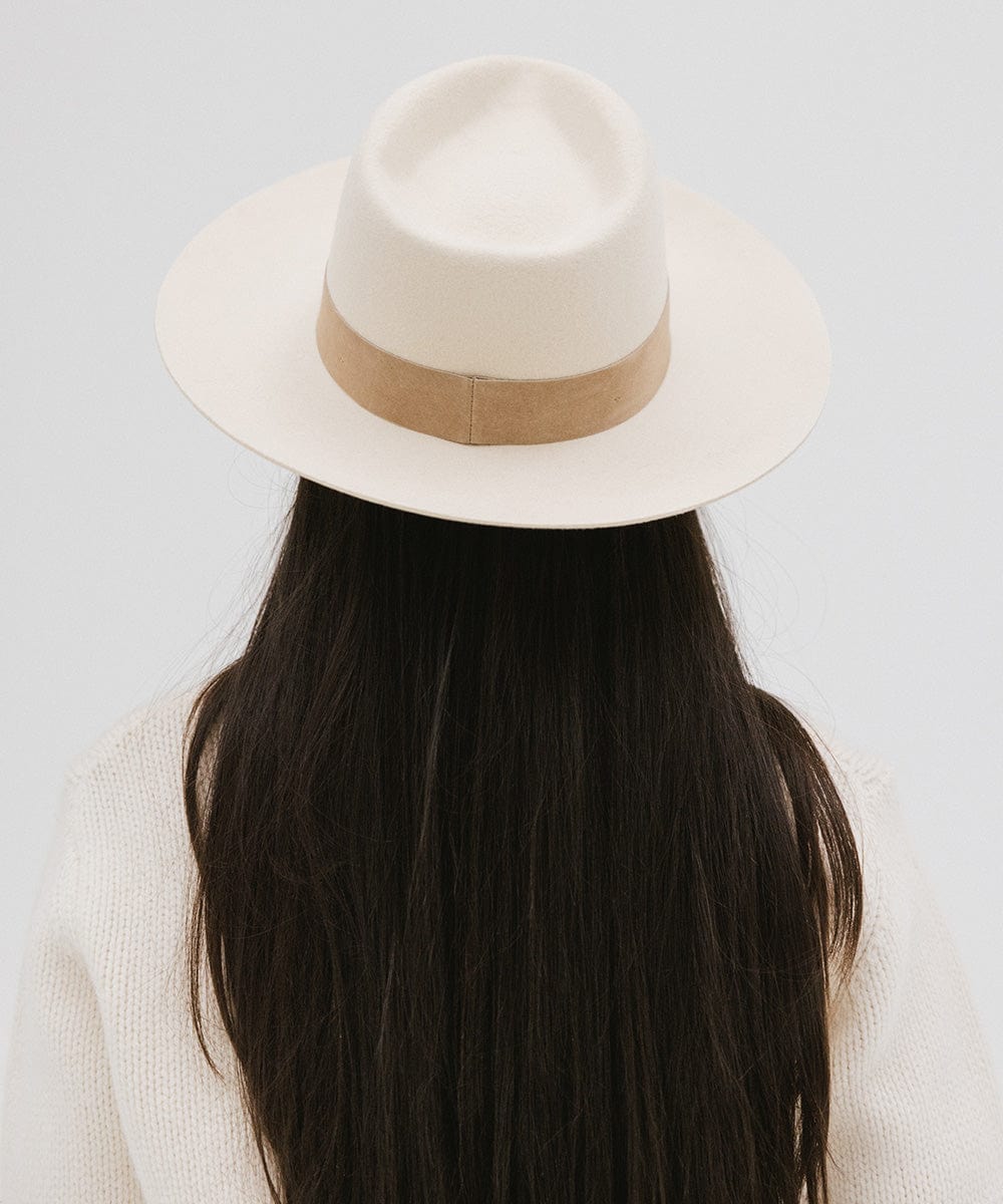 Gigi Pip felt hats for women - Holly Rancher - teardrop fedora with a semi-tall crown and mid-length upturned brim, featuring a hand-sewn suede band [off white]