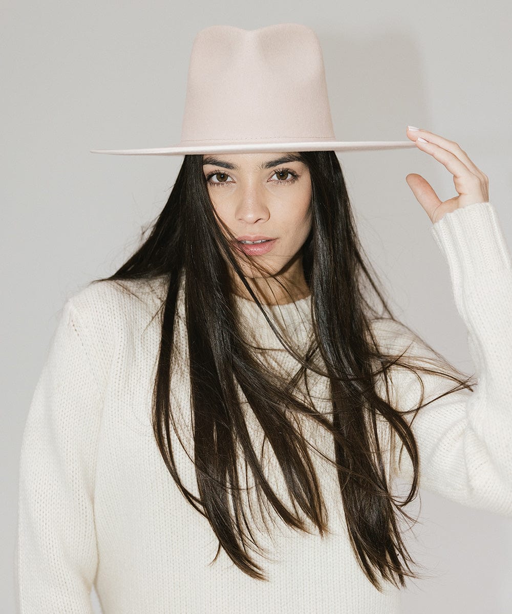 Gigi Pip felt hats for women - Ivy Wide Brim Fedora - 100% australian wool wide brim fedora with a tall crown featuring a customized sweatband + exclusive printed lining with a satin finish in collaboration with Ivy City Co, and a tonal satin brim [pale nude]