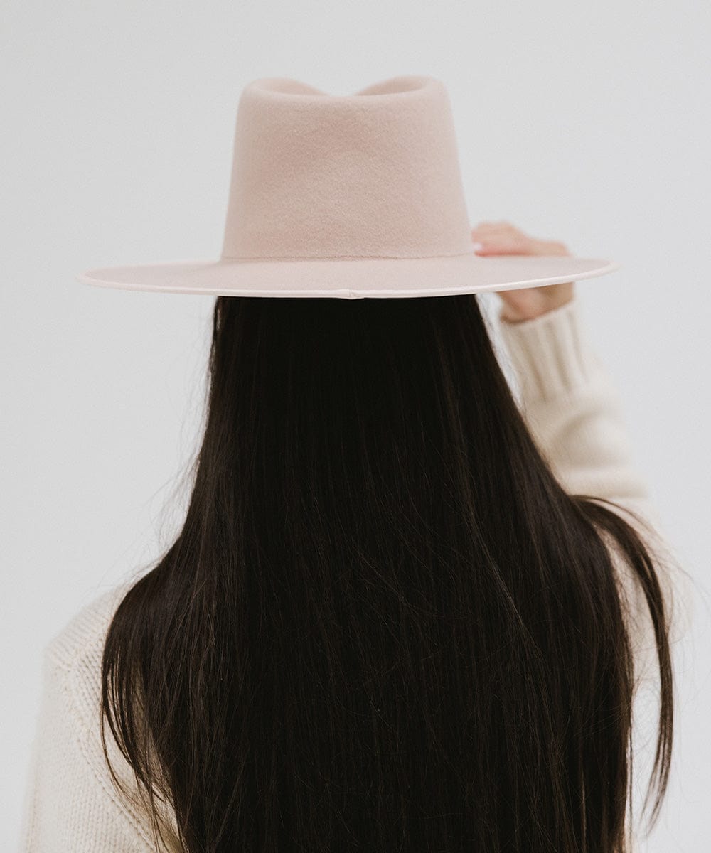 Gigi Pip felt hats for women - Ivy Wide Brim Fedora - 100% australian wool wide brim fedora with a tall crown featuring a customized sweatband + exclusive printed lining with a satin finish in collaboration with Ivy City Co, and a tonal satin brim [pale nude]