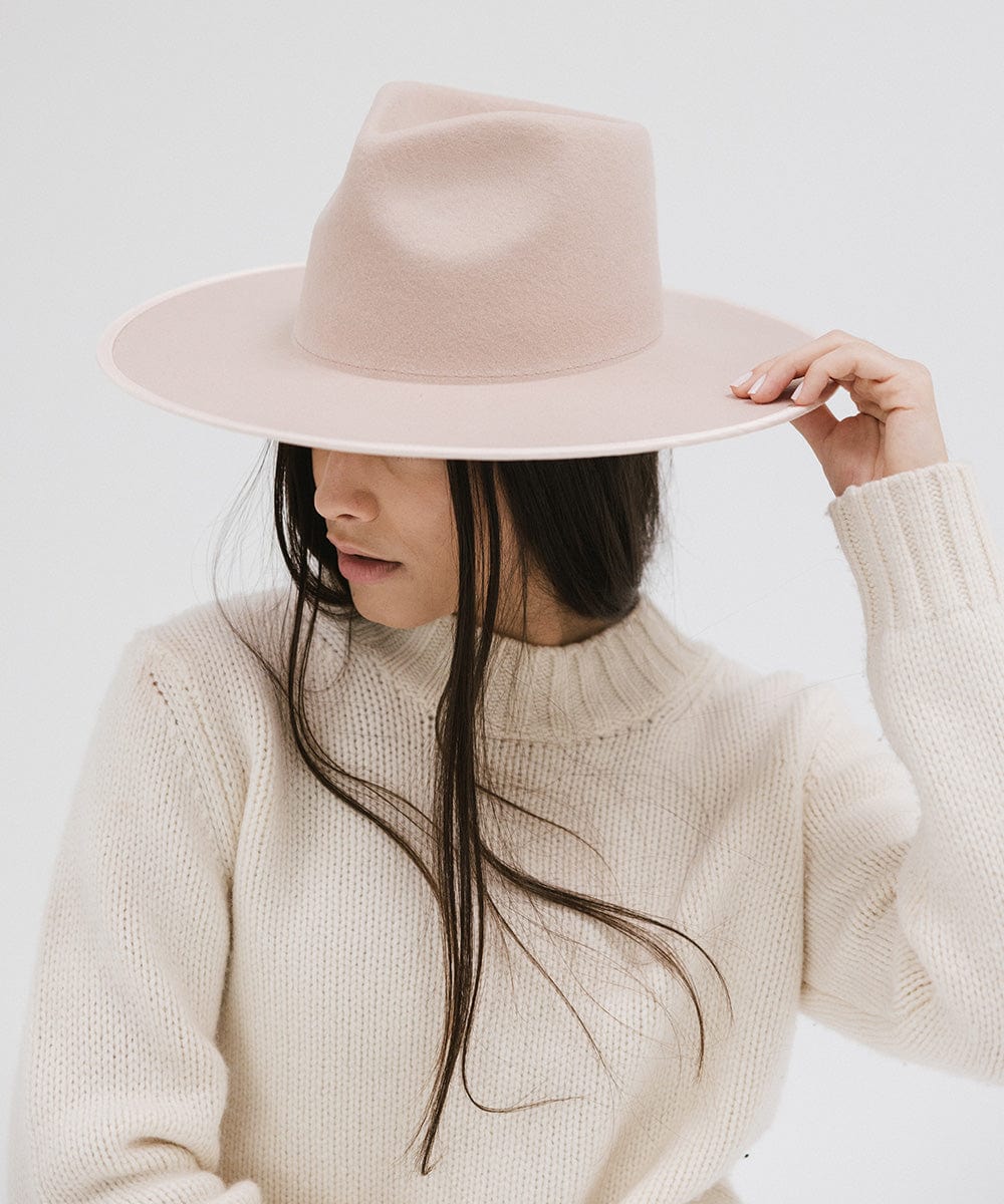 Gigi Pip felt hats for women - Ivy Wide Brim Fedora - 100% australian wool wide brim fedora with a tall crown featuring a customized sweatband + exclusive printed lining with a satin finish in collaboration with Ivy City Co, and a tonal satin brim [pale nude]