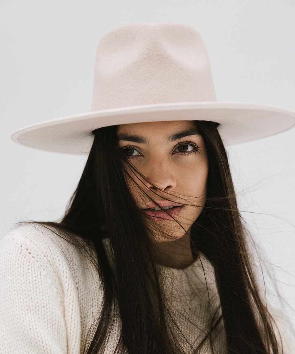 Gigi Pip felt hats for women - Ivy Wide Brim Fedora - 100% australian wool wide brim fedora with a tall crown featuring a customized sweatband + exclusive printed lining with a satin finish in collaboration with Ivy City Co, and a tonal satin brim [pale nude]