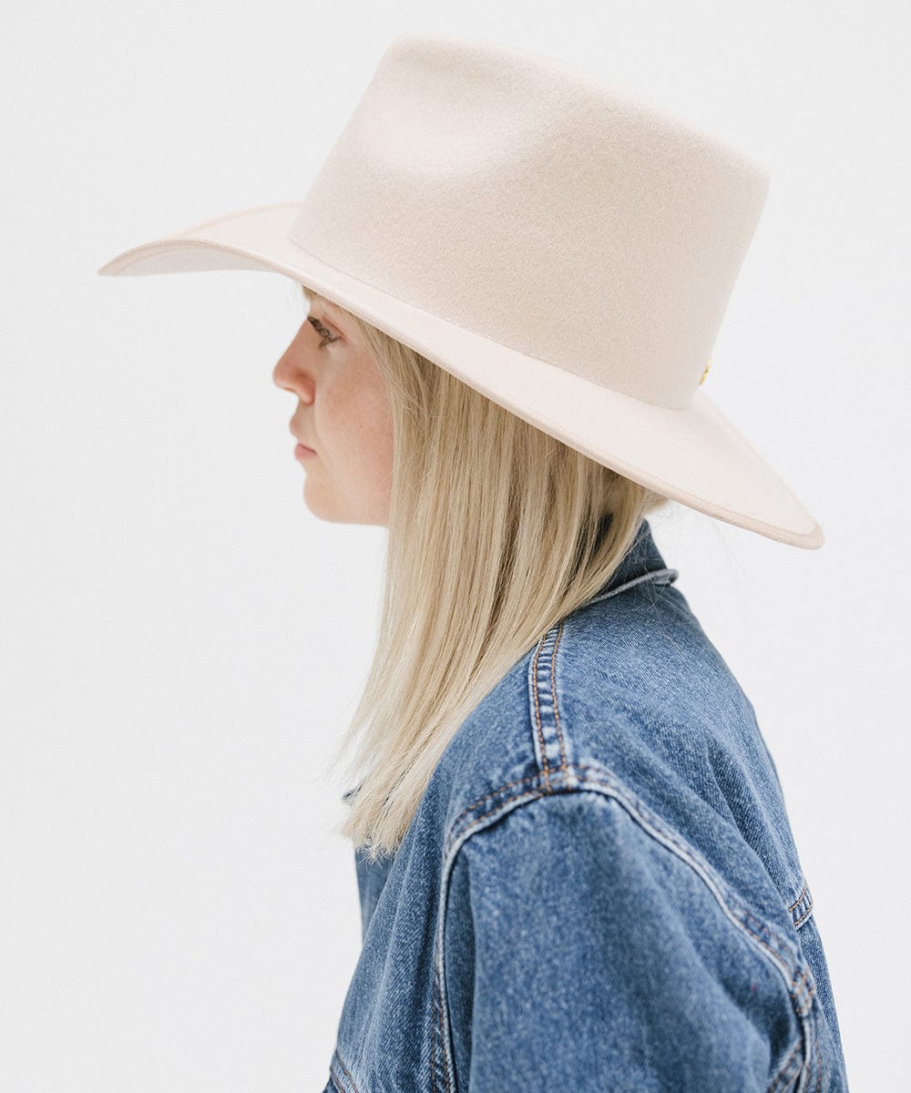 Gigi Pip felt hats for women - June Teardrop Rancher - 100% australian wool teardrop rancher with an angled western brim hat featuring a gold plated Gigi Pip branded pin on the back of the crown [cream]