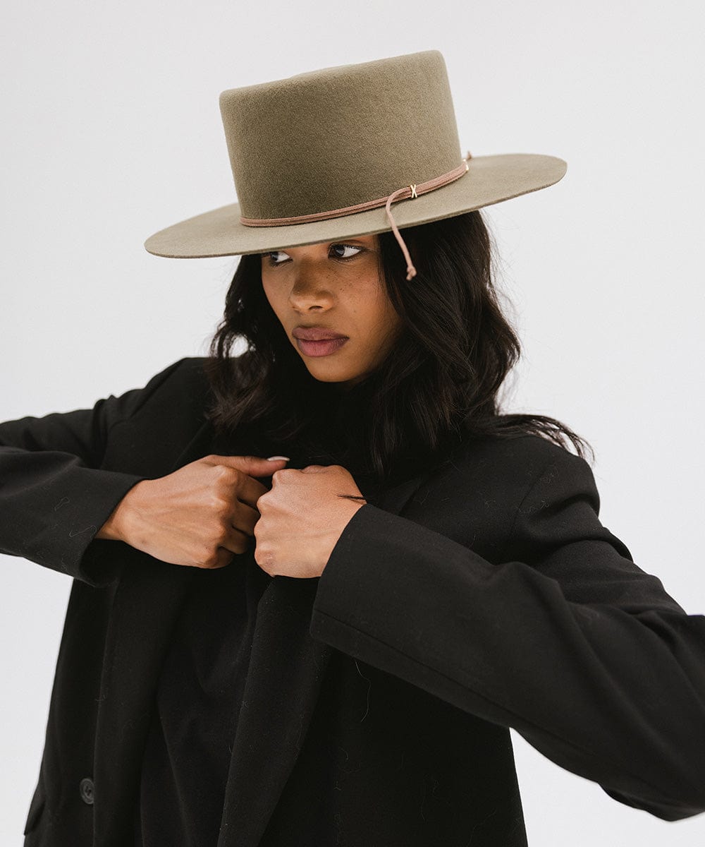 Gigi Pip felt hats for women - Maise Telescope Crown - 100% australian wool medium flat brim with a telescope crown, featuring an adjustable, layered leather band with our siganture xx detailing the band [aloe]