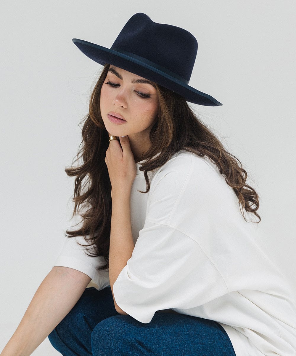 Gigi Pip felt hats for women - Monroe Rancher - fedora teardrop crown with stiff, upturned brim adorned with a tonal grosgrain band on the crown and brim [navy]