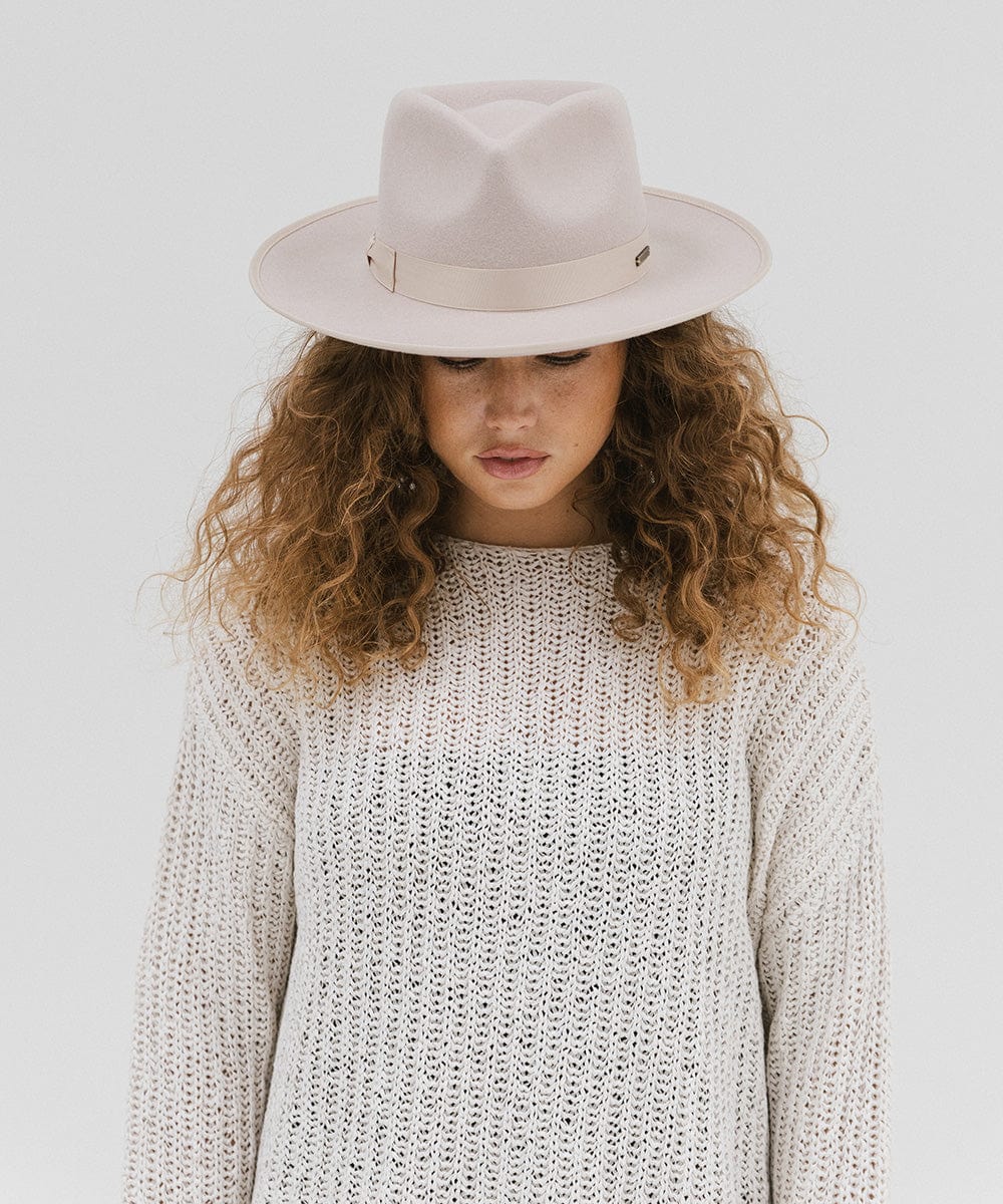 Gigi Pip felt hats for women - Monroe Rancher - fedora teardrop crown with stiff, upturned brim adorned with a tonal grosgrain band on the crown and brim [ivory]