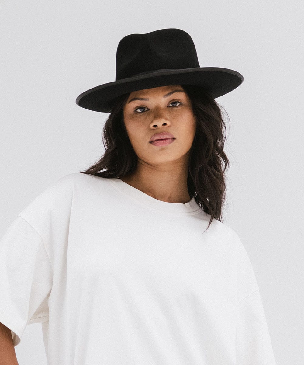 Gigi Pip felt hats for women - Monroe Rancher - fedora teardrop crown with stiff, upturned brim adorned with a tonal grosgrain band on the crown and brim [black]