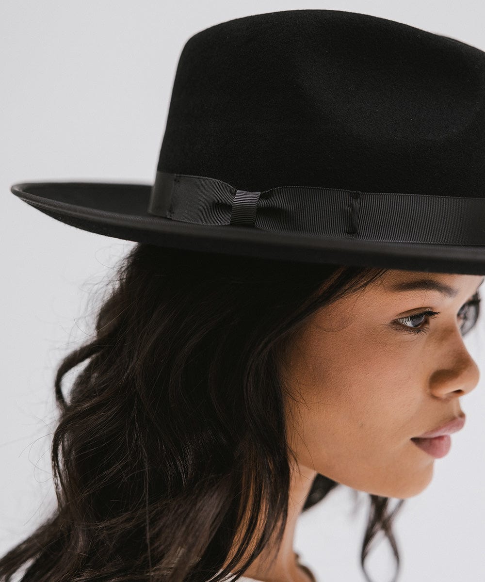 Gigi Pip felt hats for women - Monroe Rancher - fedora teardrop crown with stiff, upturned brim adorned with a tonal grosgrain band on the crown and brim [black]