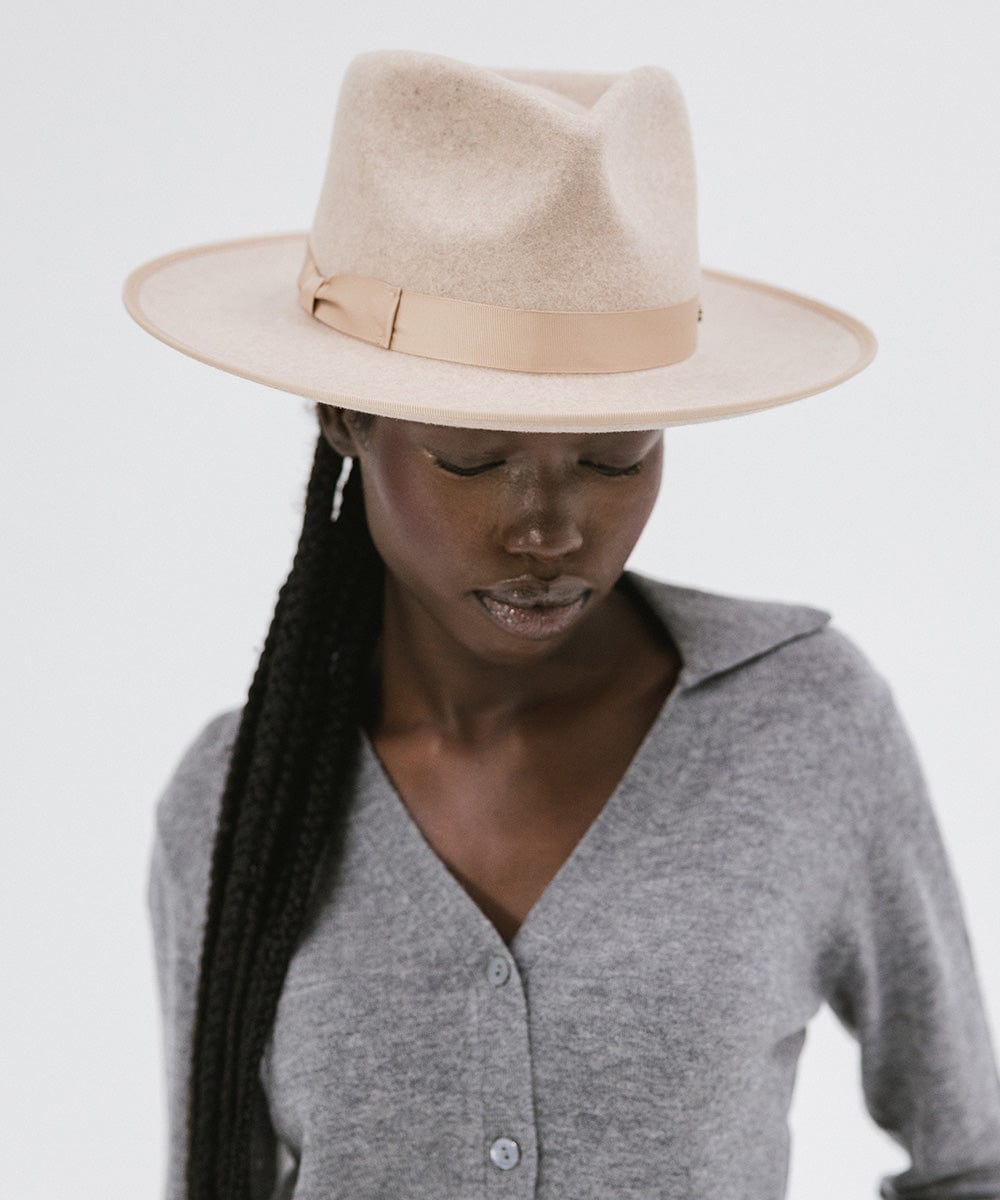 Gigi Pip felt hats for women - Monroe Rancher - fedora teardrop crown with stiff, upturned brim adorned with a tonal grosgrain band on the crown and brim [oatmeal]