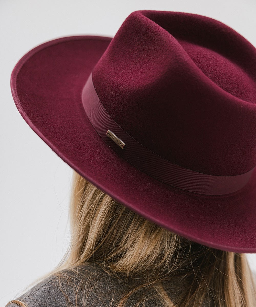 Gigi Pip felt hats for women - Monroe Rancher - fedora teardrop crown with stiff, upturned brim adorned with a tonal grosgrain band on the crown and brim [wine]