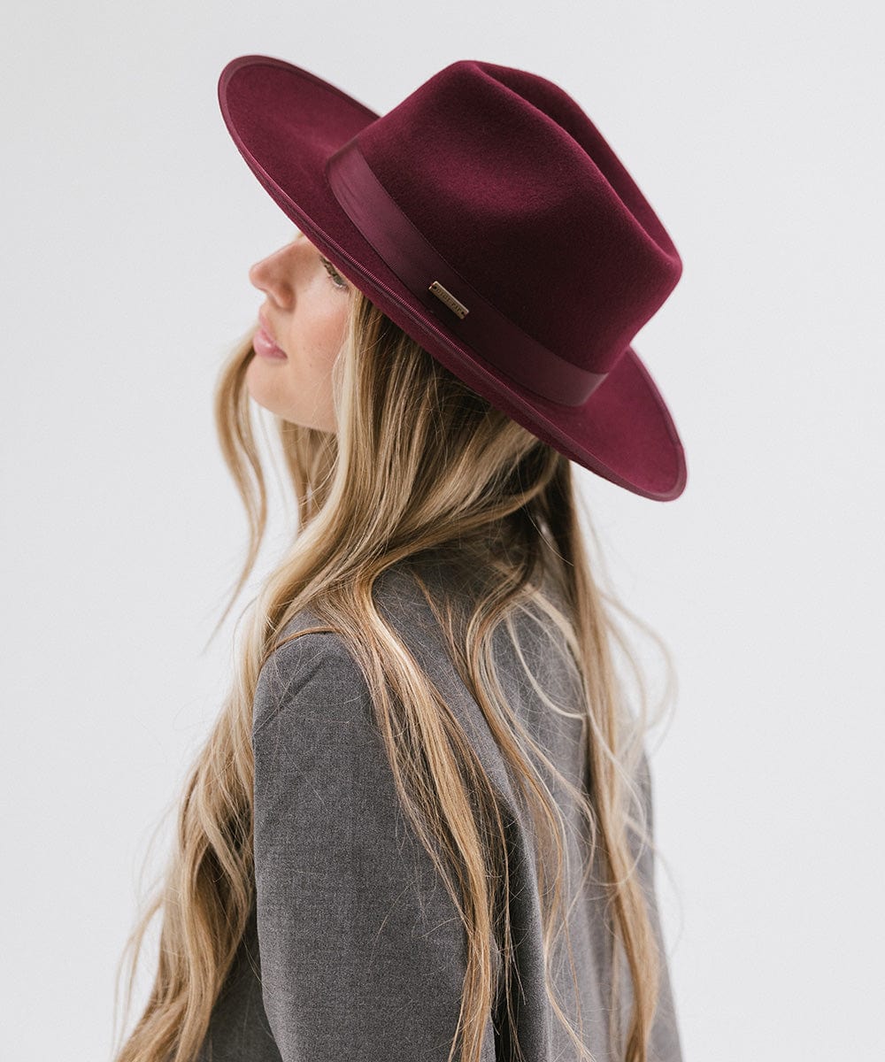 Gigi Pip felt hats for women - Monroe Rancher - fedora teardrop crown with stiff, upturned brim adorned with a tonal grosgrain band on the crown and brim [wine]