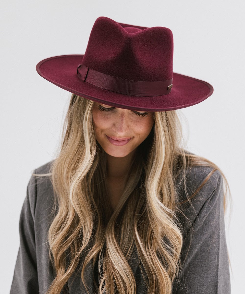 Gigi Pip felt hats for women - Monroe Rancher - fedora teardrop crown with stiff, upturned brim adorned with a tonal grosgrain band on the crown and brim [wine]