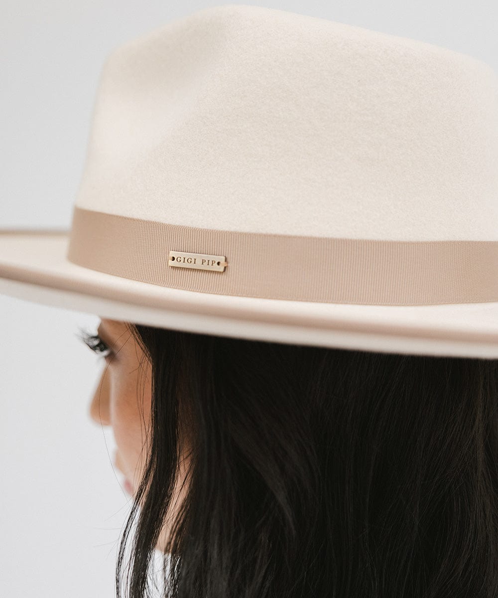 Gigi Pip felt hats for women - Monroe Rancher - fedora teardrop crown with stiff, upturned brim adorned with a tonal grosgrain band on the crown and brim [white-taupe]