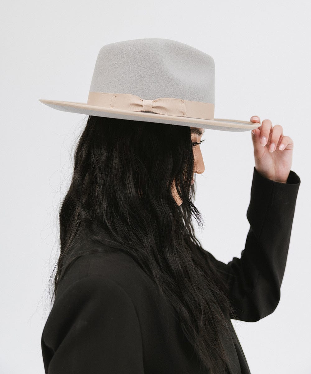 Gigi Pip felt hats for women - Monroe Rancher - fedora teardrop crown with stiff, upturned brim adorned with a tonal grosgrain band on the crown and brim [light grey-tan]