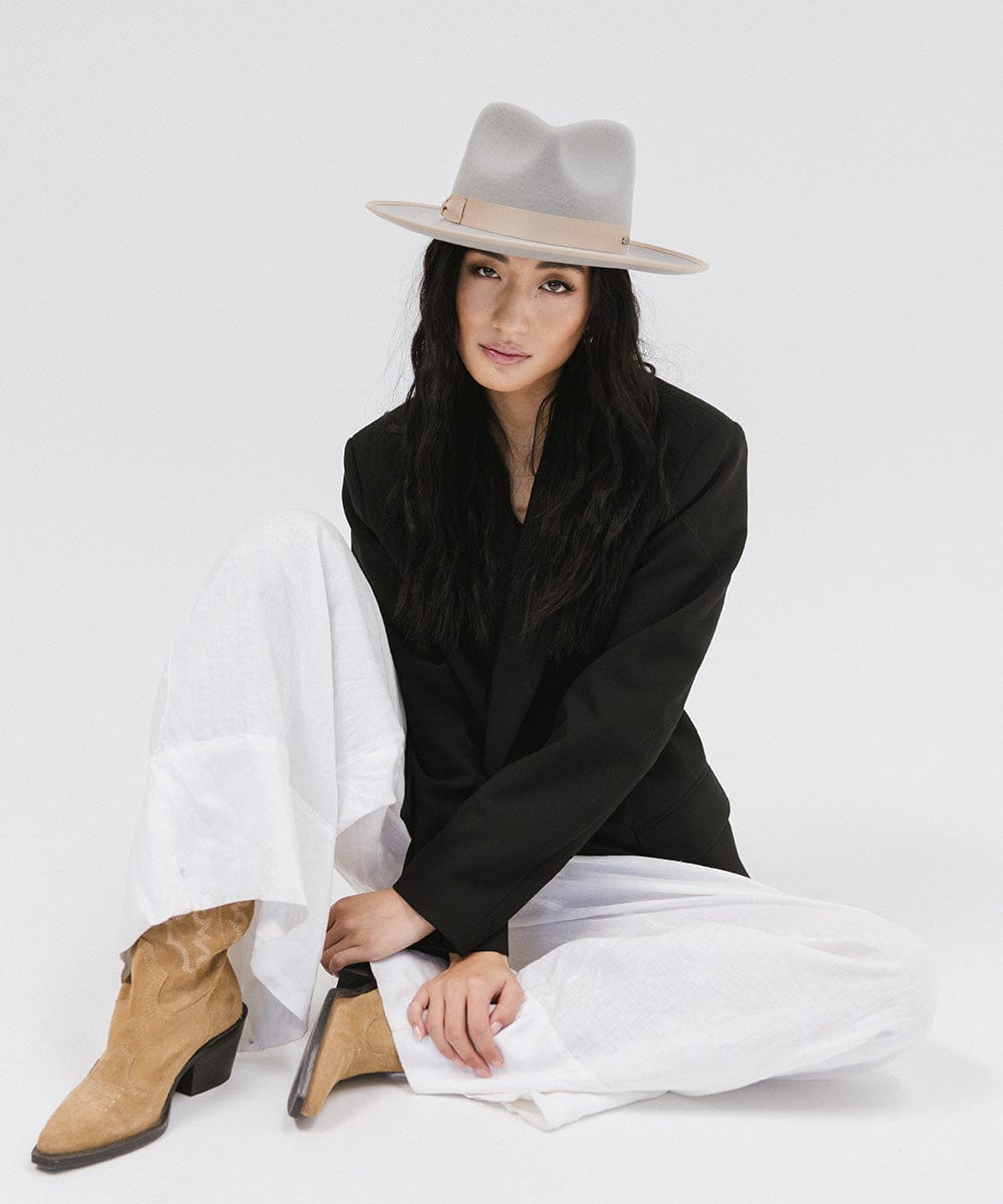 Gigi Pip felt hats for women - Monroe Rancher - fedora teardrop crown with stiff, upturned brim adorned with a tonal grosgrain band on the crown and brim [light grey-tan]