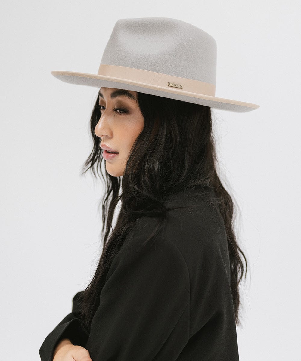 Gigi Pip felt hats for women - Monroe Rancher - fedora teardrop crown with stiff, upturned brim adorned with a tonal grosgrain band on the crown and brim [light grey-tan]