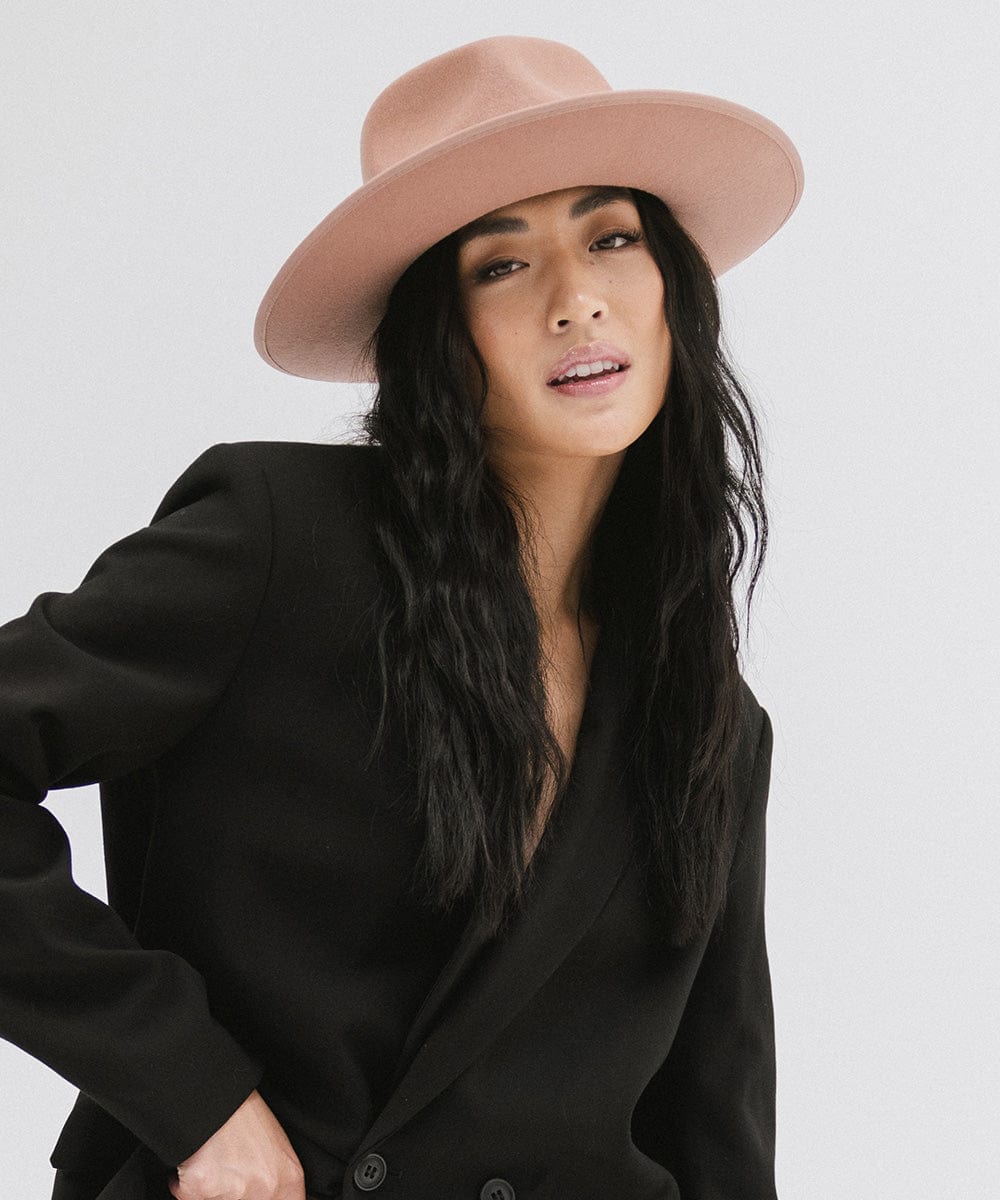 Gigi Pip felt hats for women - Monroe Rancher - fedora teardrop crown with stiff, upturned brim adorned with a tonal grosgrain band on the crown and brim [dusty pink]