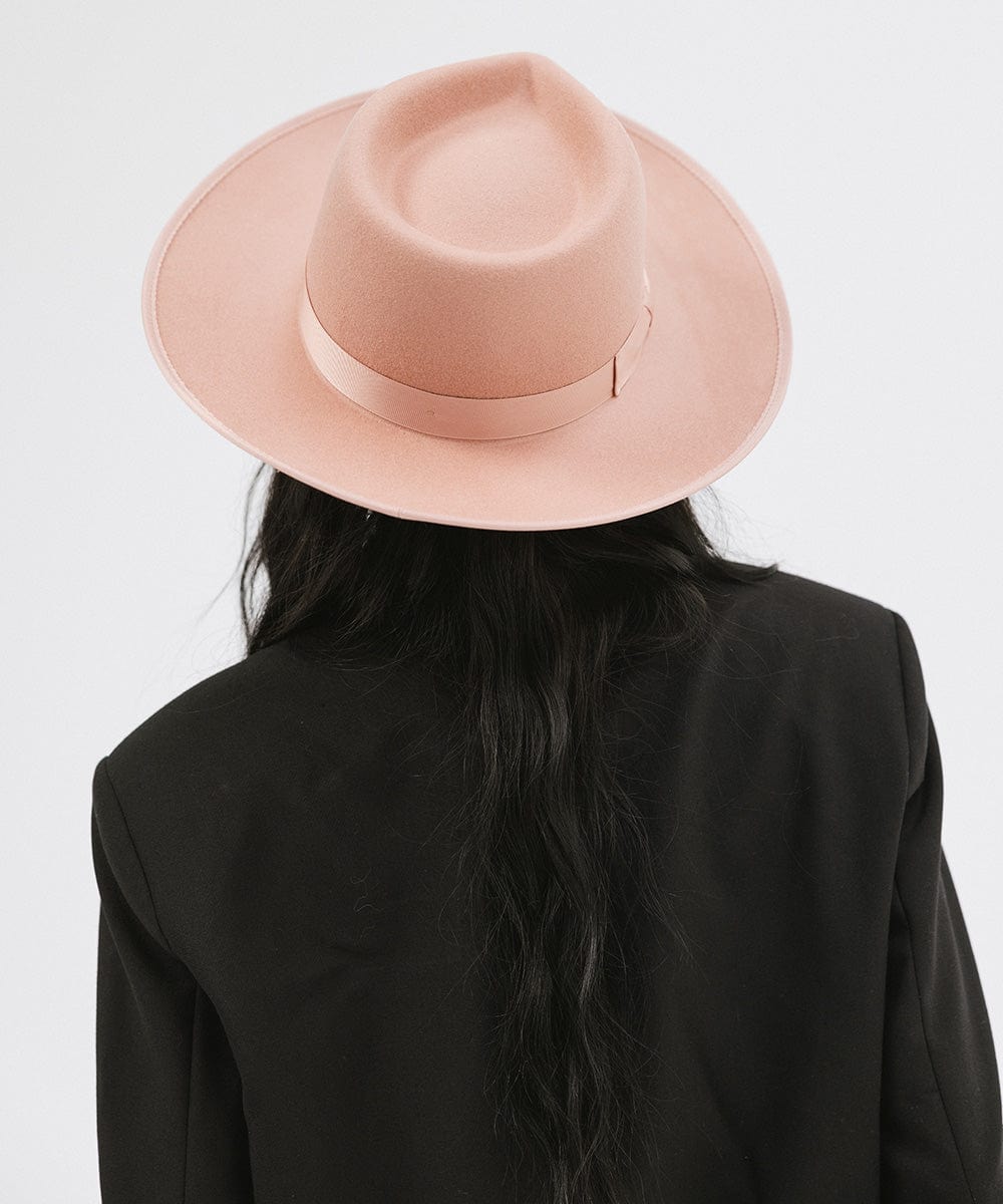 Gigi Pip felt hats for women - Monroe Rancher - fedora teardrop crown with stiff, upturned brim adorned with a tonal grosgrain band on the crown and brim [dusty pink]