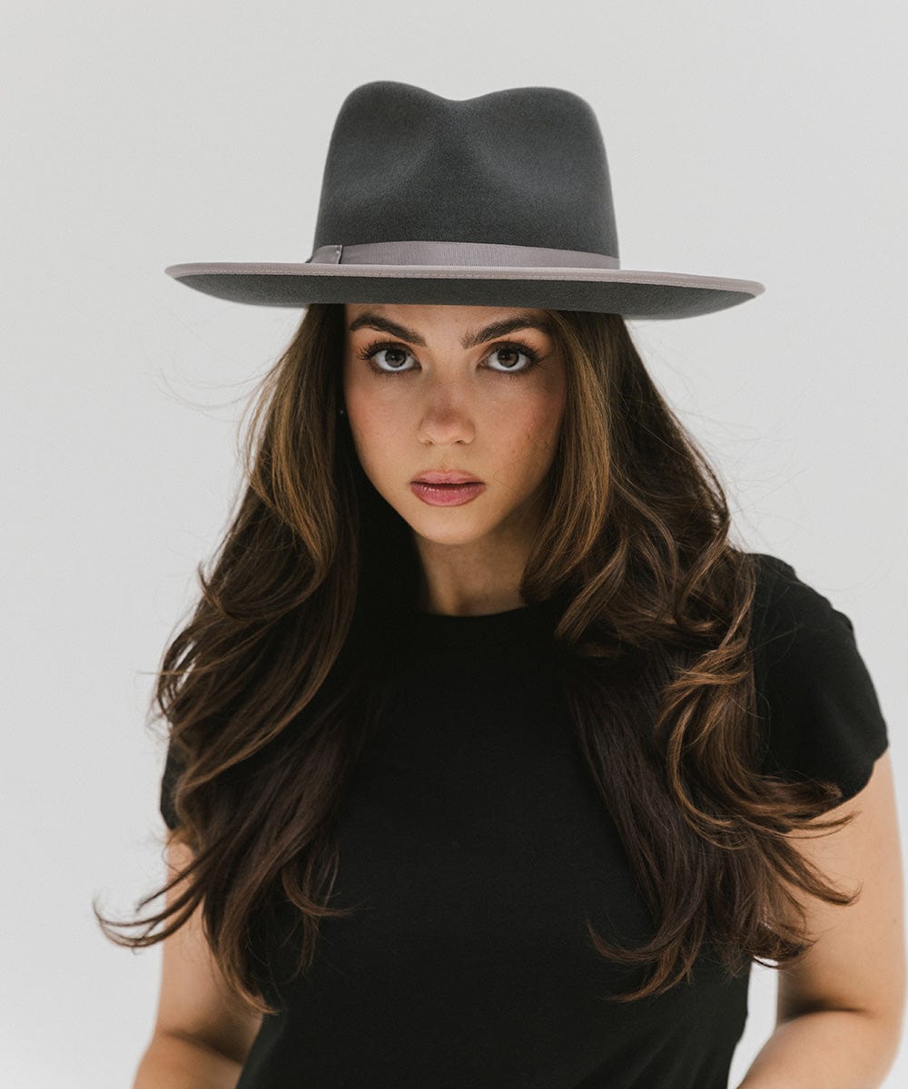 Gigi Pip felt hats for women - Monroe Rancher - fedora teardrop crown with stiff, upturned brim adorned with a tonal grosgrain band on the crown and brim [dark grey]