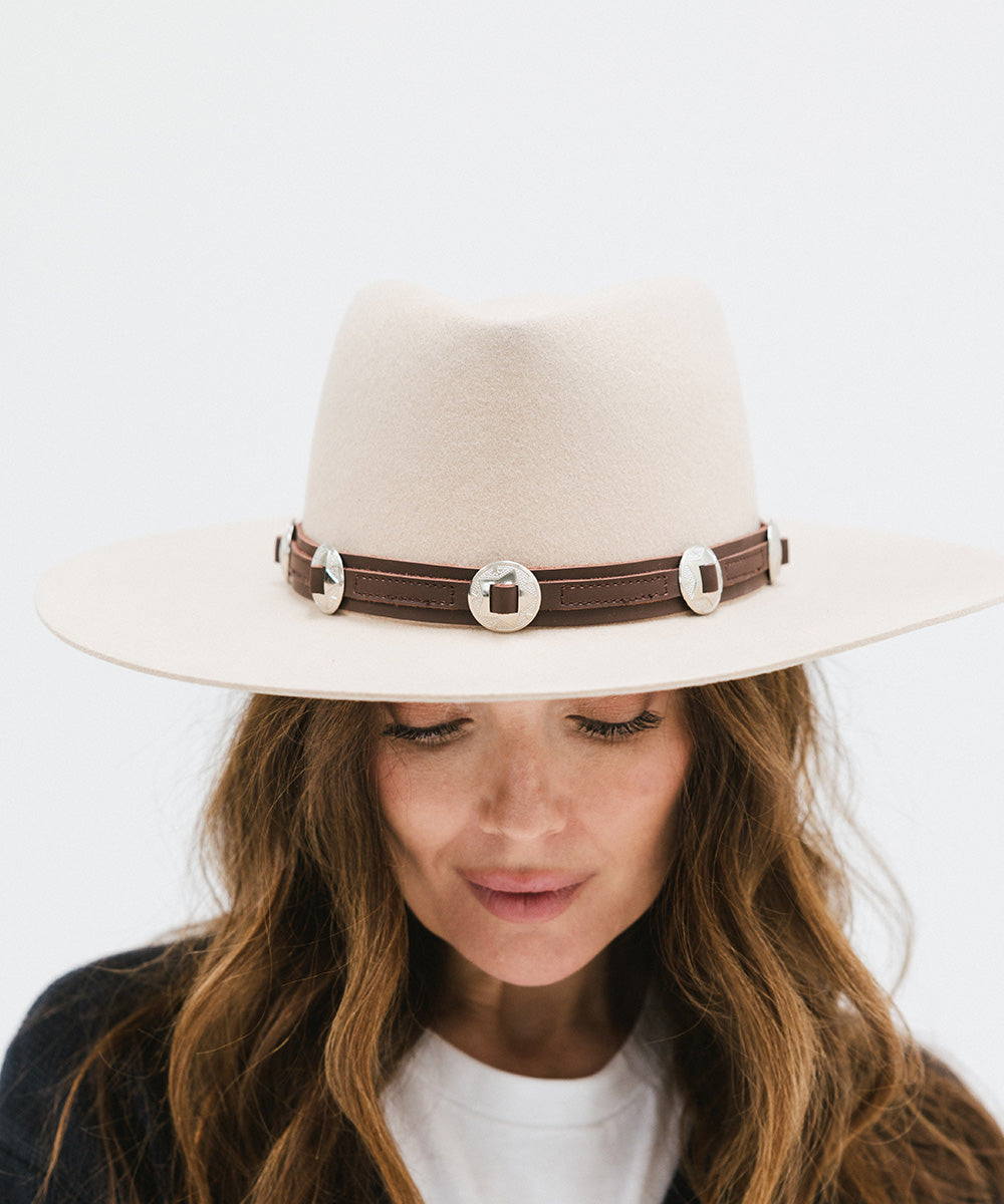 Gigi Pip hat bands + trims for women's hats - Genuine Leather Western Band - 100% genuine leather western style band with bright silver concho details and a silver plated metal pin closure [chocolate]