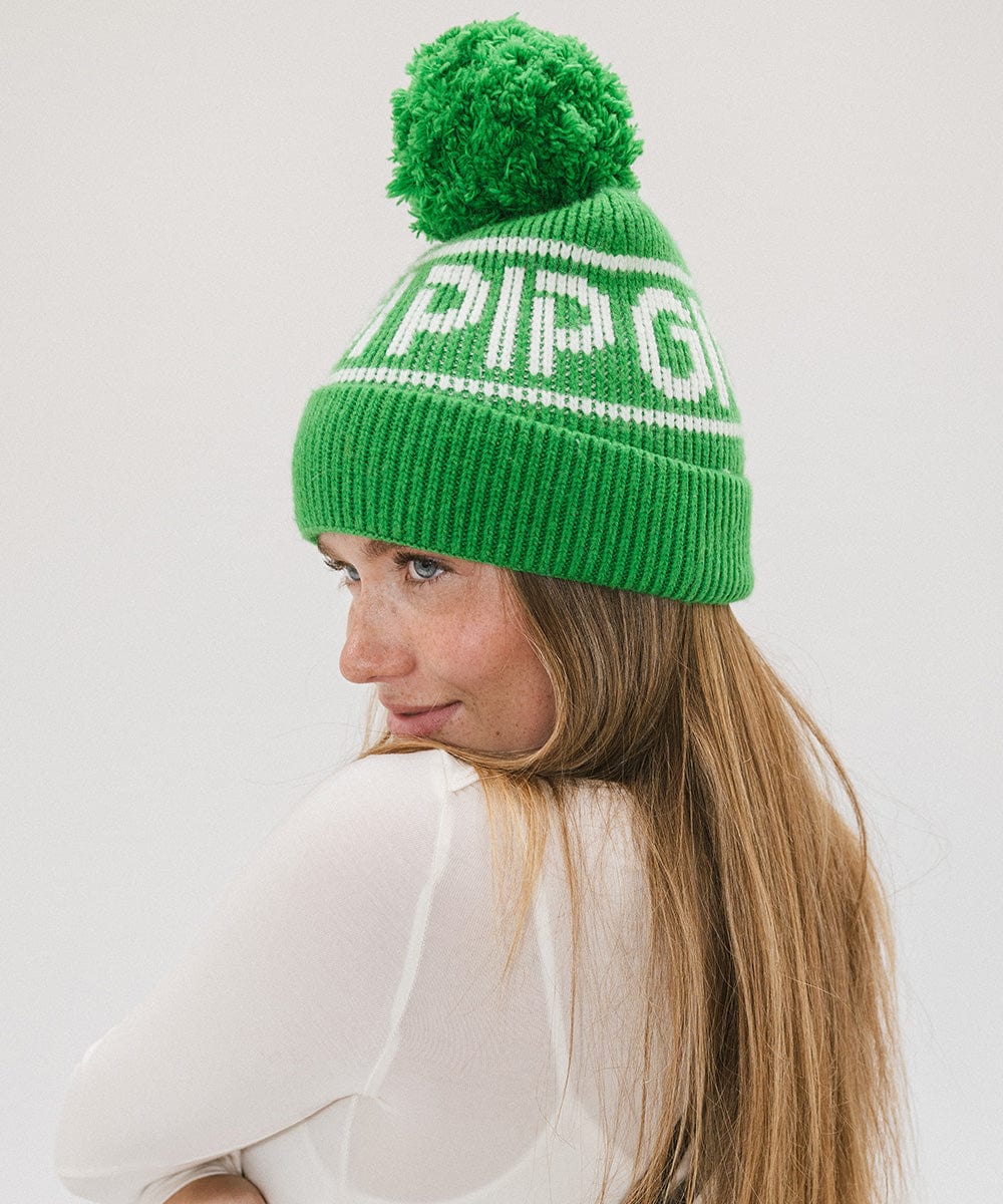 Gigi Pip beanies for women - Jane Retro Pom Beanie - retro inspired pom beanie featuring a limited edition Gigi Pip retro holiday logo [evergreen]