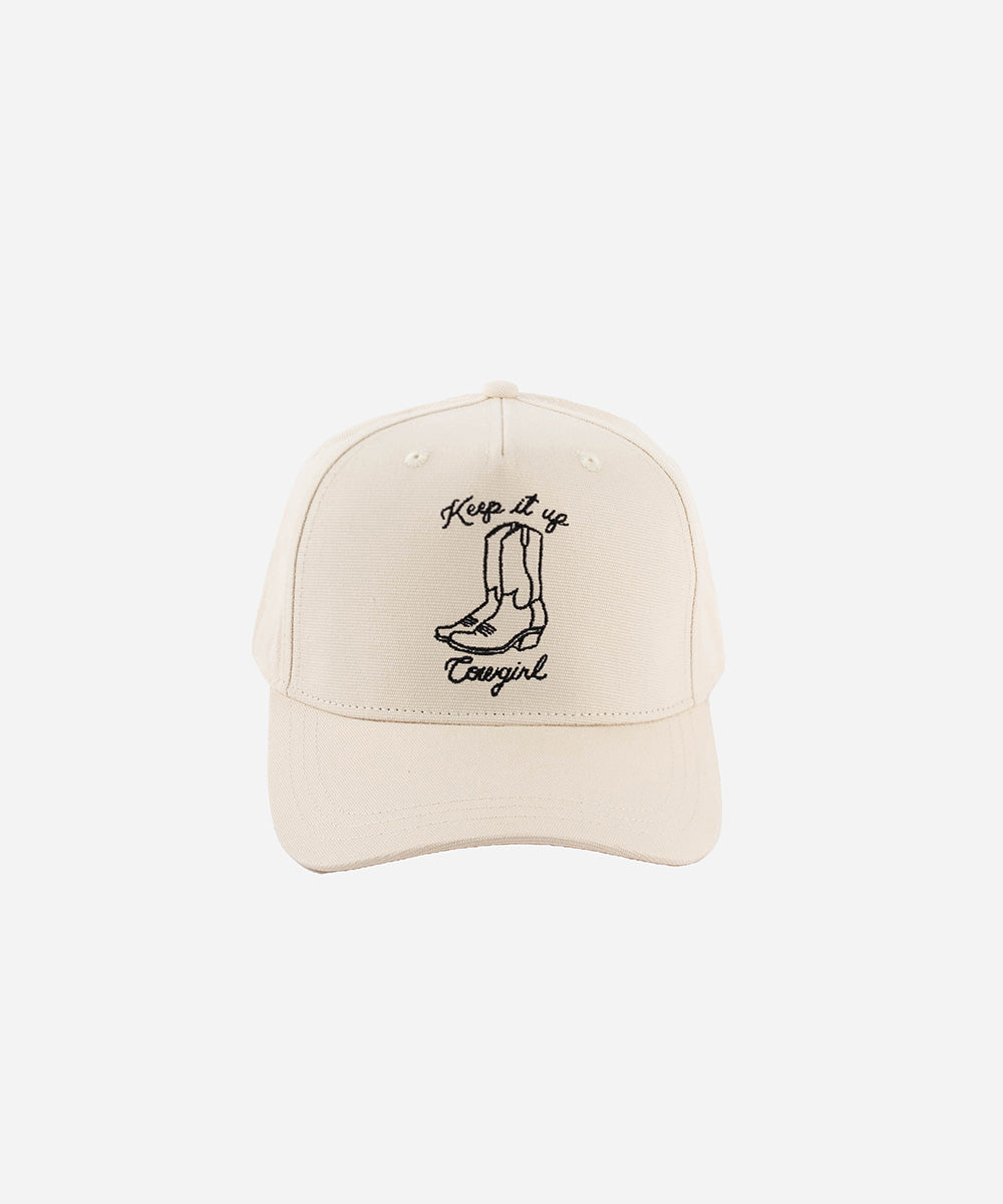 Gigi Pip trucker hats for women - Keep it Up Cowgirl Canvas Trucker Hat - 100% cotton canvas w/ cotton sweatband + reinforced from inner panel with 100% plolyester mesh trucker with Keep it Up Cowgirl embroidered on the front panel featuring an adjustable back strap [cream]