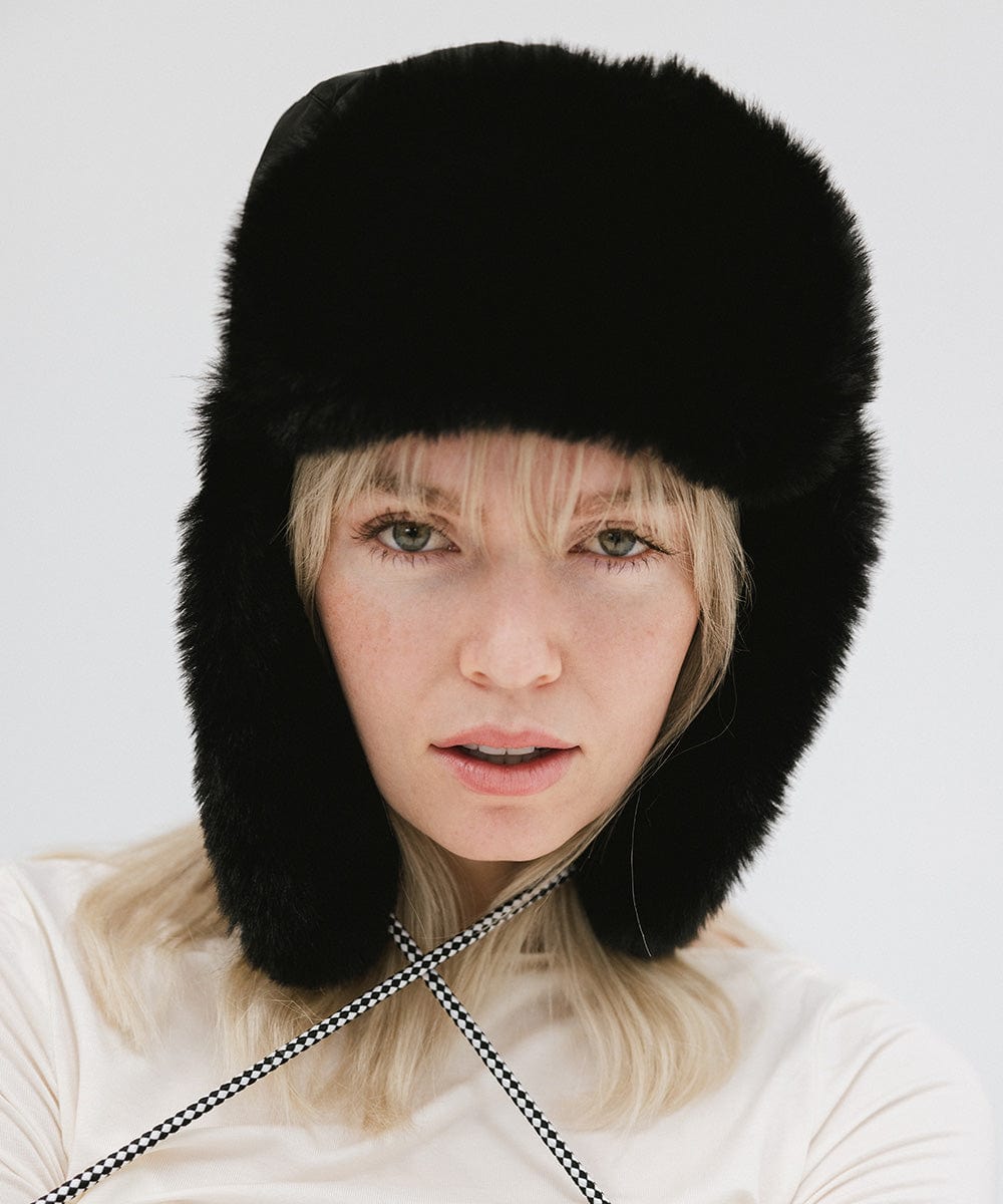 Gigi Pip winter hats for women - Leda Trapper Hat - 100% faux fur + polyester classic style inspired trapper hat featuring a retro limited edition holiday Gigi Pip logo [black]