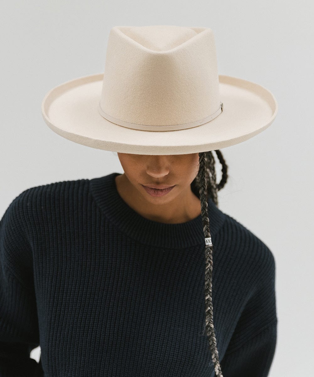 Gigi Pip felt hats for women - Lennon Pencil Brim - 100% australian wool fedora curved crown with a stiff, wide brim featuring a pencil rolled up edge + a grosgrain ribbon trim [cream]