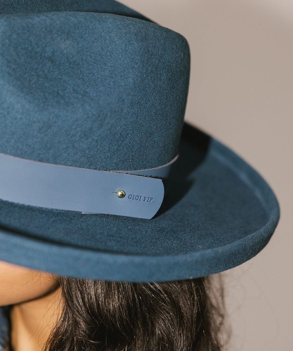 Gigi Pip limited edition hats for women - Maude Pencil Brim in Vintage Blue - curved crown with a stiff, wide brim with pencil rolled up edge + a limited edition trim featuring a wide leather band in a limited edition vintage blue [vintage blue]