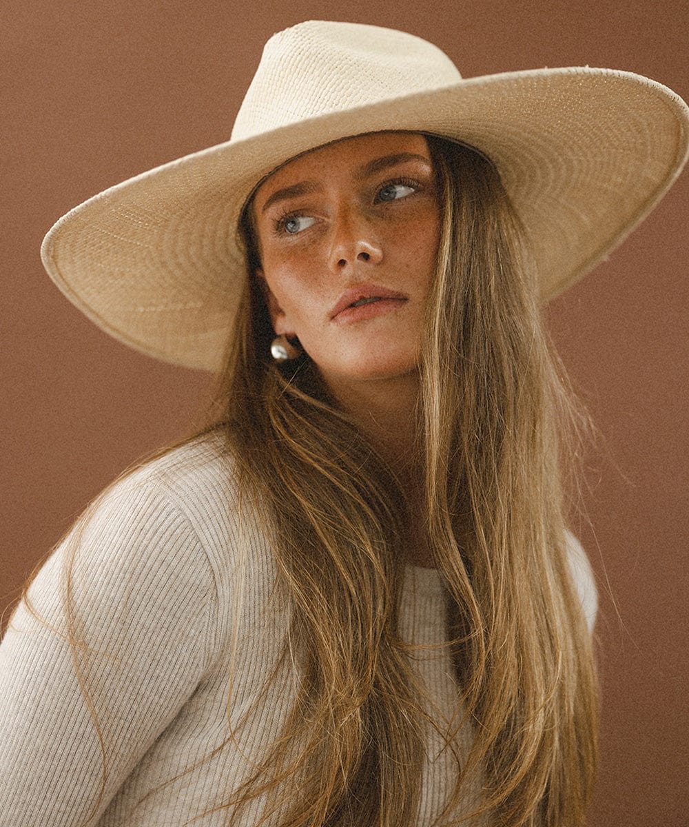 Gigi Pip straw hats for women - Meg - 100% panama straw wide brim straw sun hat with a gold GP pin on the back [natural]