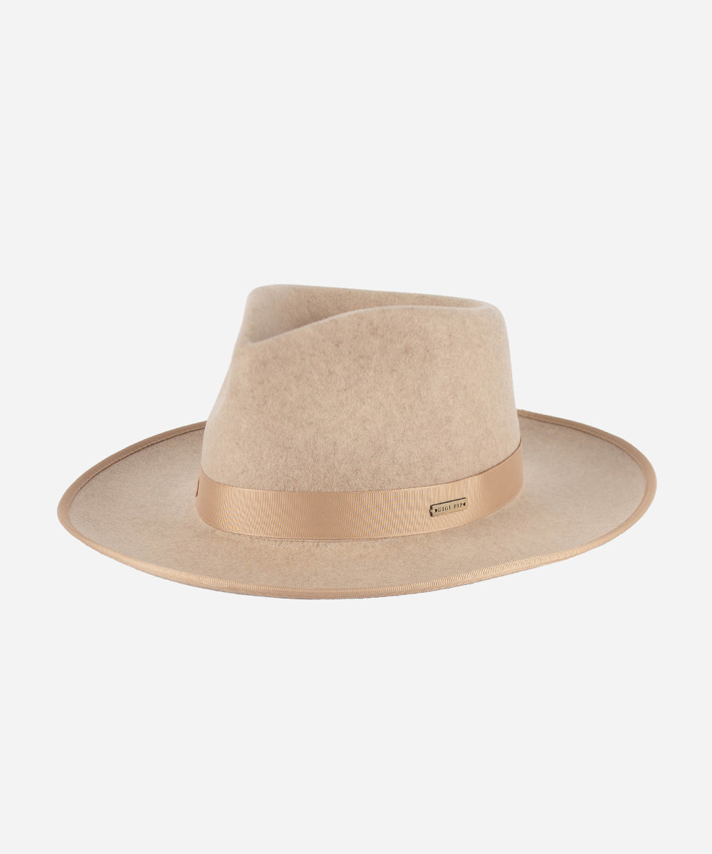 Gigi Pip felt hats for women - Monroe Rancher - fedora teardrop crown with stiff, upturned brim adorned with a tonal grosgrain band on the crown and brim [oatmeal]