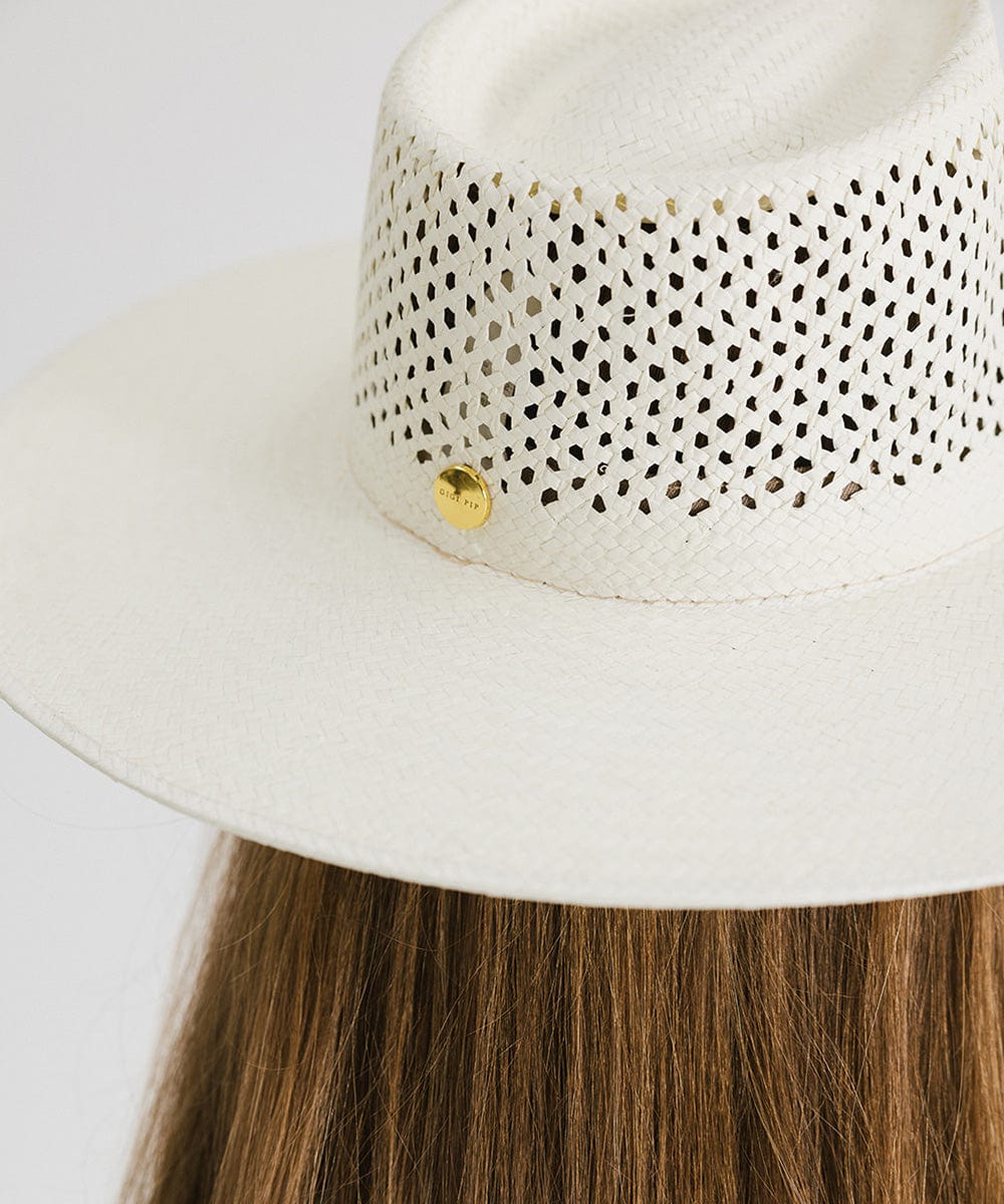 Gigi Pip straw hats for women - Nell - 100% Paper straw style sun hat with a vented fedora crown + wide brim perfect for keeping cool by the pool. [natural white]