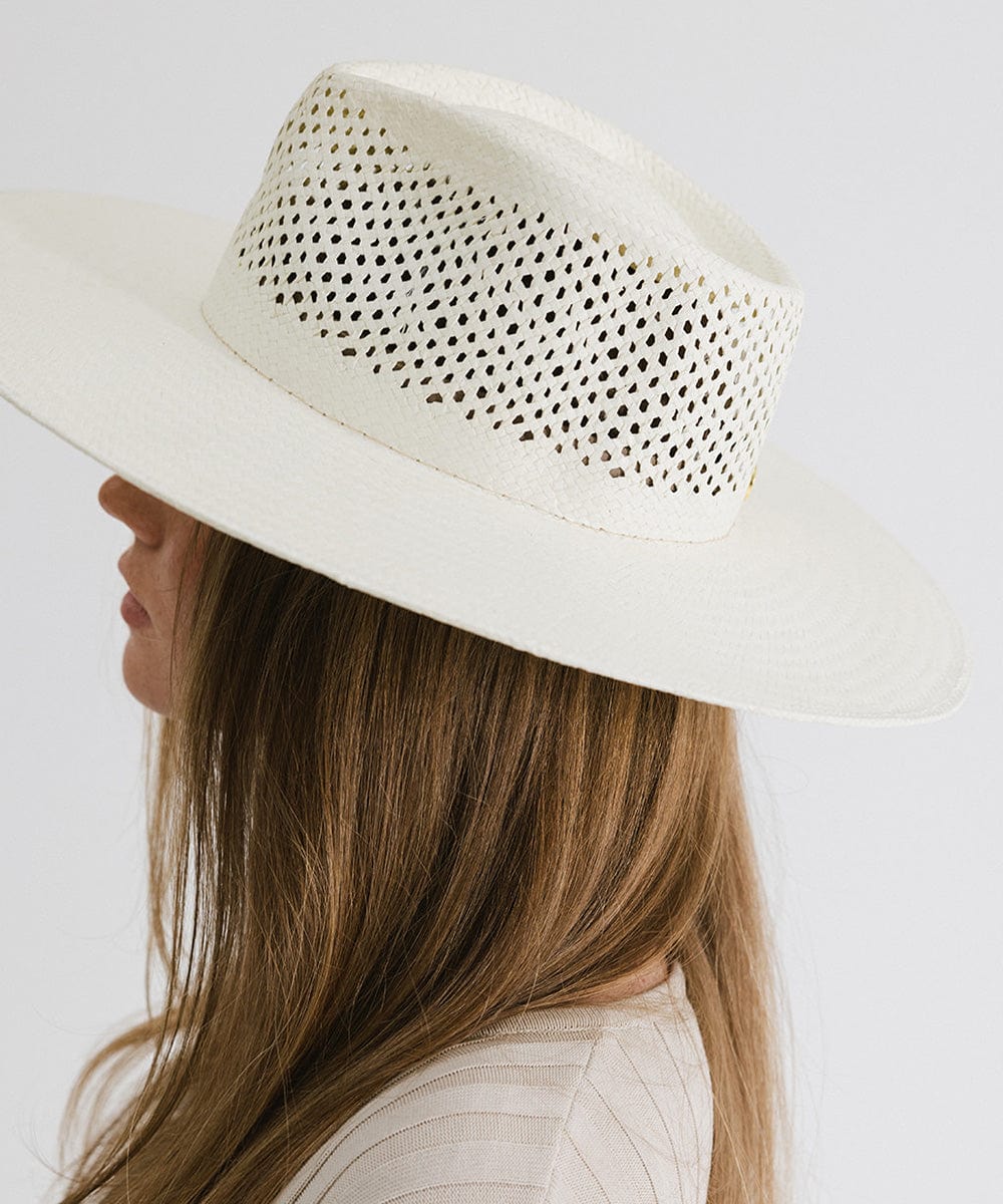 Gigi Pip straw hats for women - Nell - 100% Paper straw style sun hat with a vented fedora crown + wide brim perfect for keeping cool by the pool. [natural white]