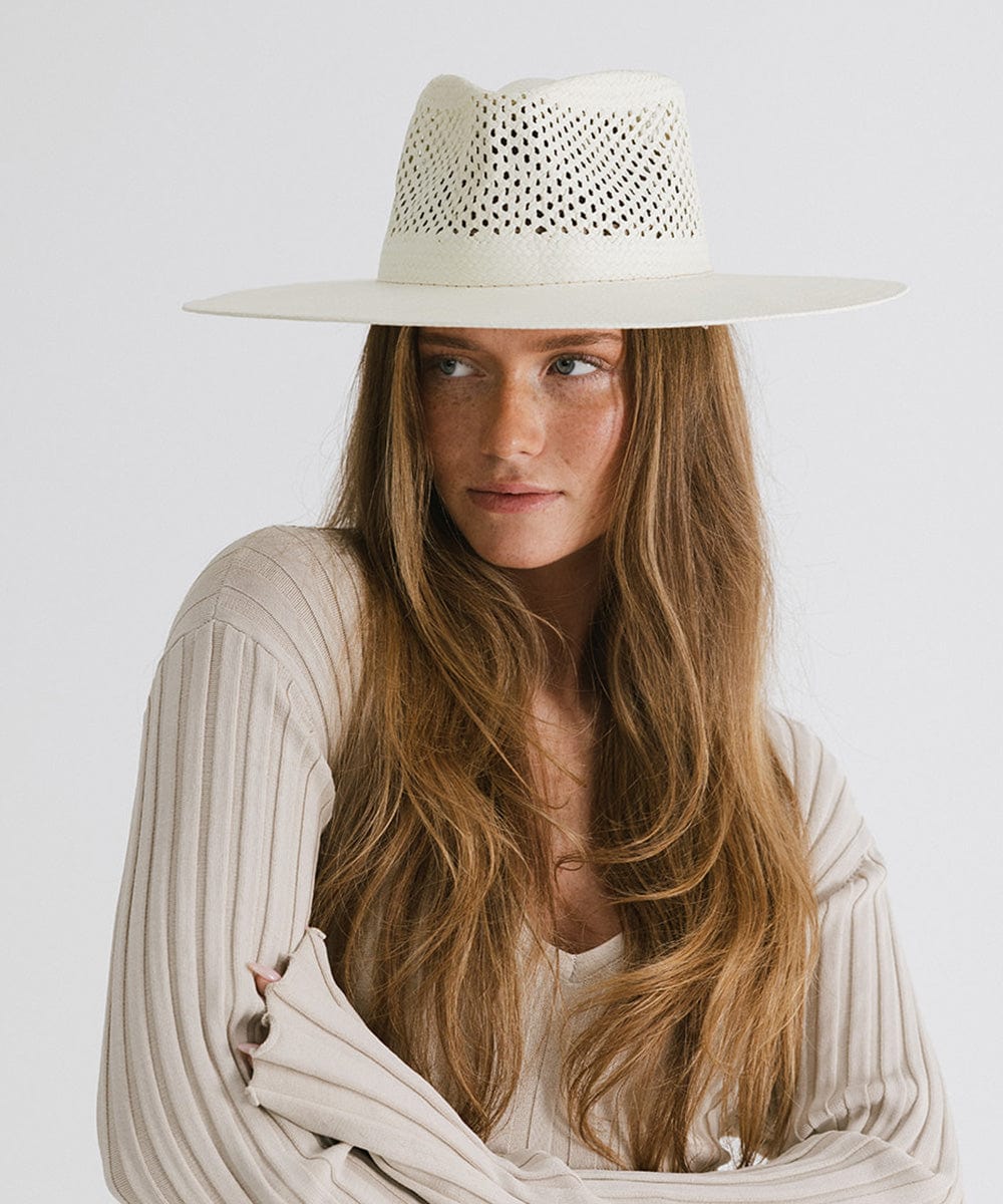 Gigi Pip straw hats for women - Nell - 100% Paper straw style sun hat with a vented fedora crown + wide brim perfect for keeping cool by the pool. [natural white]