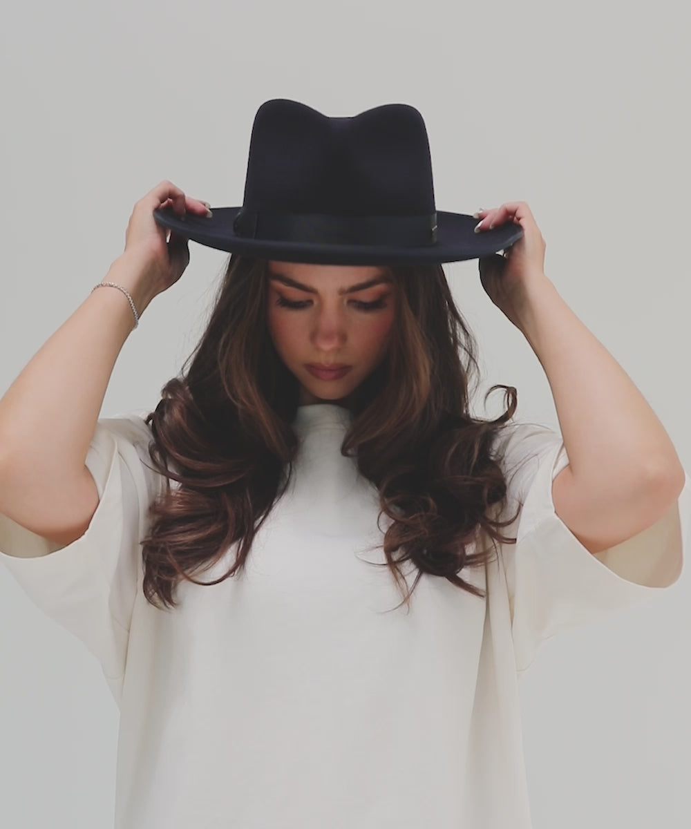 Gigi Pip felt hats for women - Monroe Rancher - fedora teardrop crown with stiff, upturned brim adorned with a tonal grosgrain band on the crown and brim [navy]