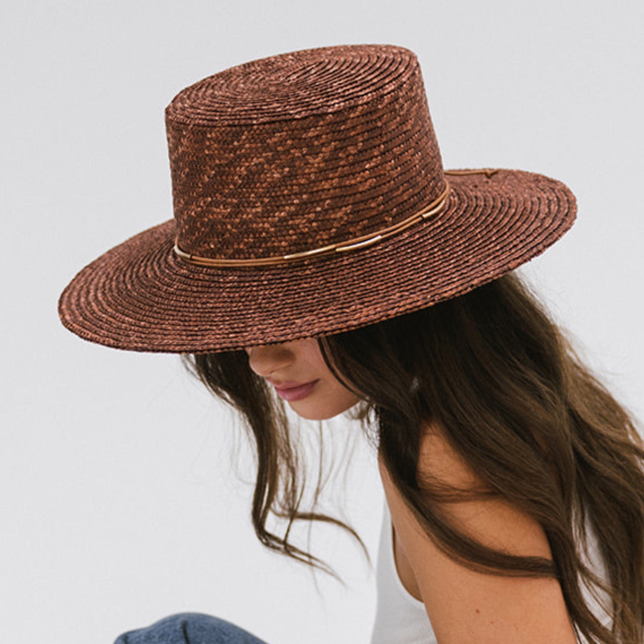 Gigi Pip straw hats for women - Capri Short - boater crown with a medium flat brim featuring a band around the crown [brown]