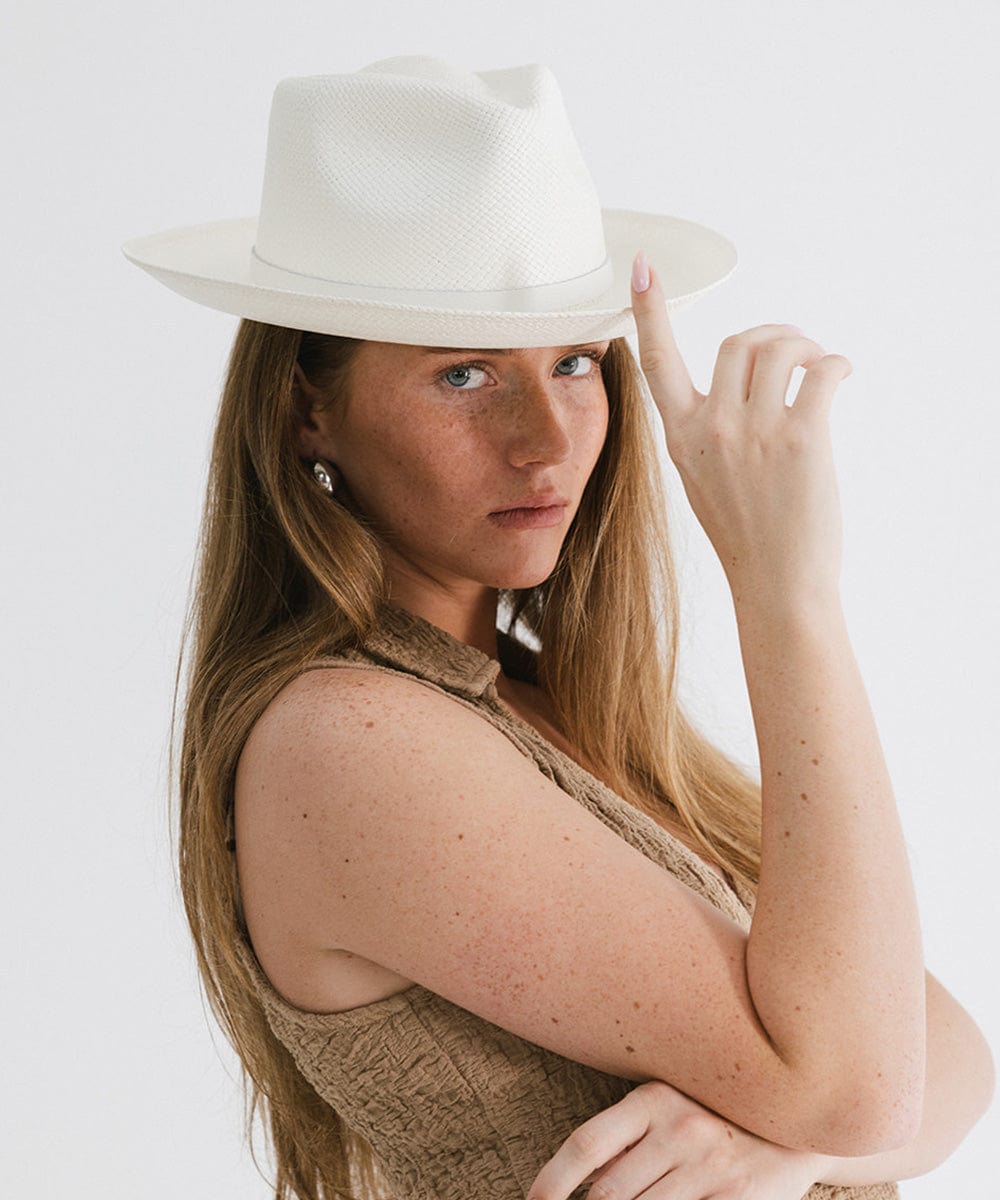 Gigi Pip panama straw for women - Lupe Short Brim Fedora White - a classic fedora crown with a short upturned brim, featuring a genuine leather band with Gigi Pip embossed [white]