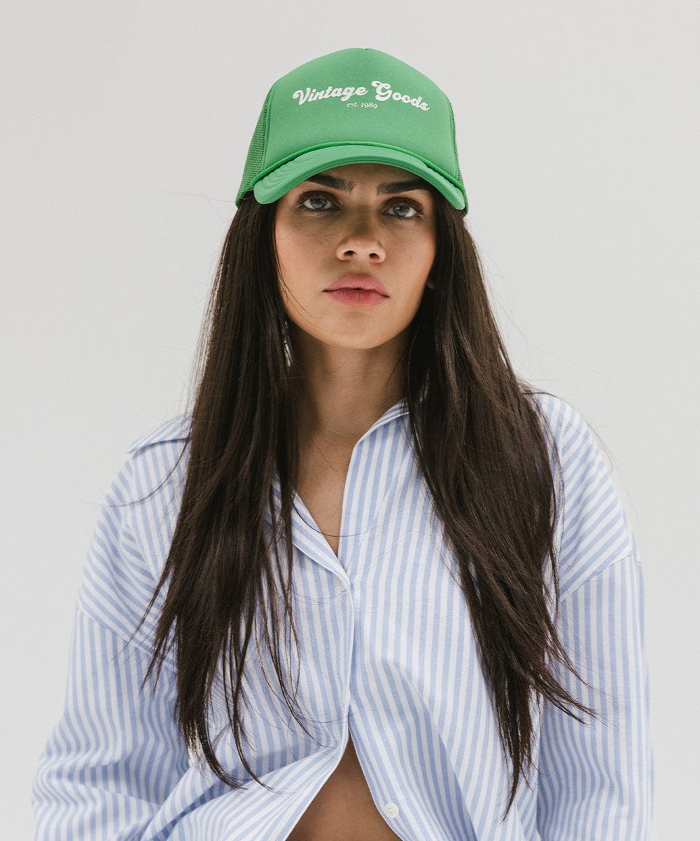 Gigi Pip trucker hats for women - Vintage Goods Foam Trucker Hat - 100% polyester foam + mesh trucker hat with a curved brim featuring the words "vintage goods" in a contrasting color as a design across the front panel [vintage green]