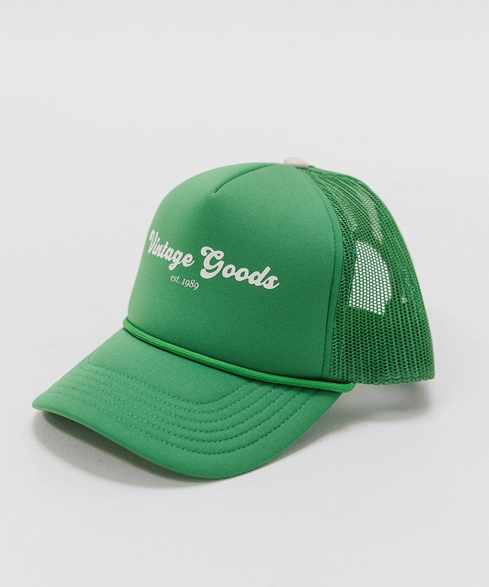 Gigi Pip trucker hats for women - Vintage Goods Foam Trucker Hat - 100% polyester foam + mesh trucker hat with a curved brim featuring the words "vintage goods" in a contrasting color as a design across the front panel [vintage green]