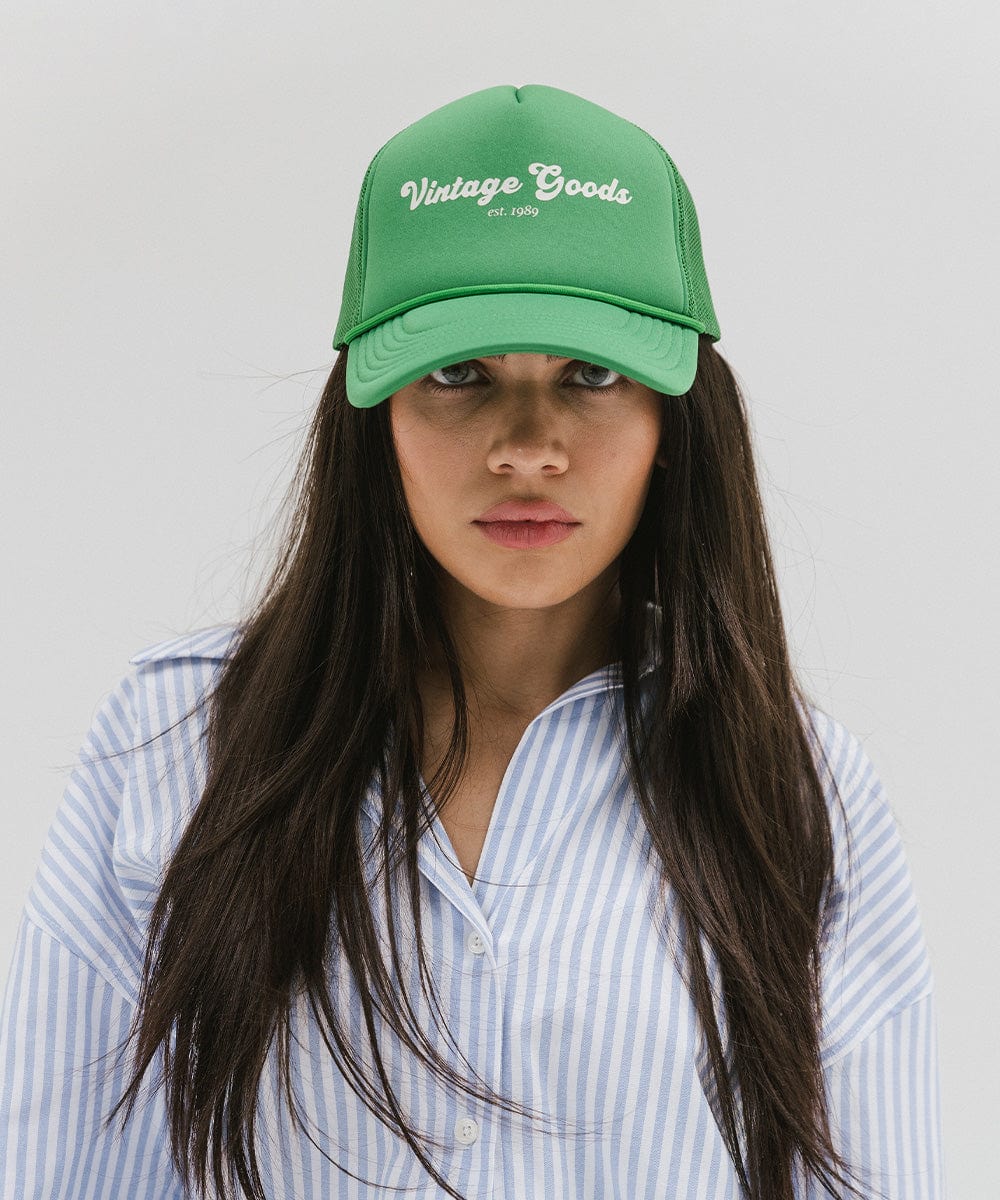 Gigi Pip trucker hats for women - Vintage Goods Foam Trucker Hat - 100% polyester foam + mesh trucker hat with a curved brim featuring the words "vintage goods" in a contrasting color as a design across the front panel [vintage green]