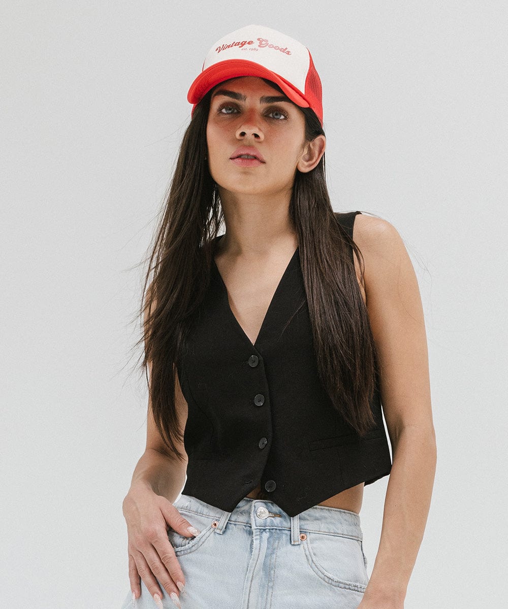 Gigi Pip trucker hats for women - Vintage Goods Foam Trucker Hat - 100% polyester foam + mesh trucker hat with a curved brim featuring the words "vintage goods" in a contrasting color as a design across the front panel [cream-vintage red]