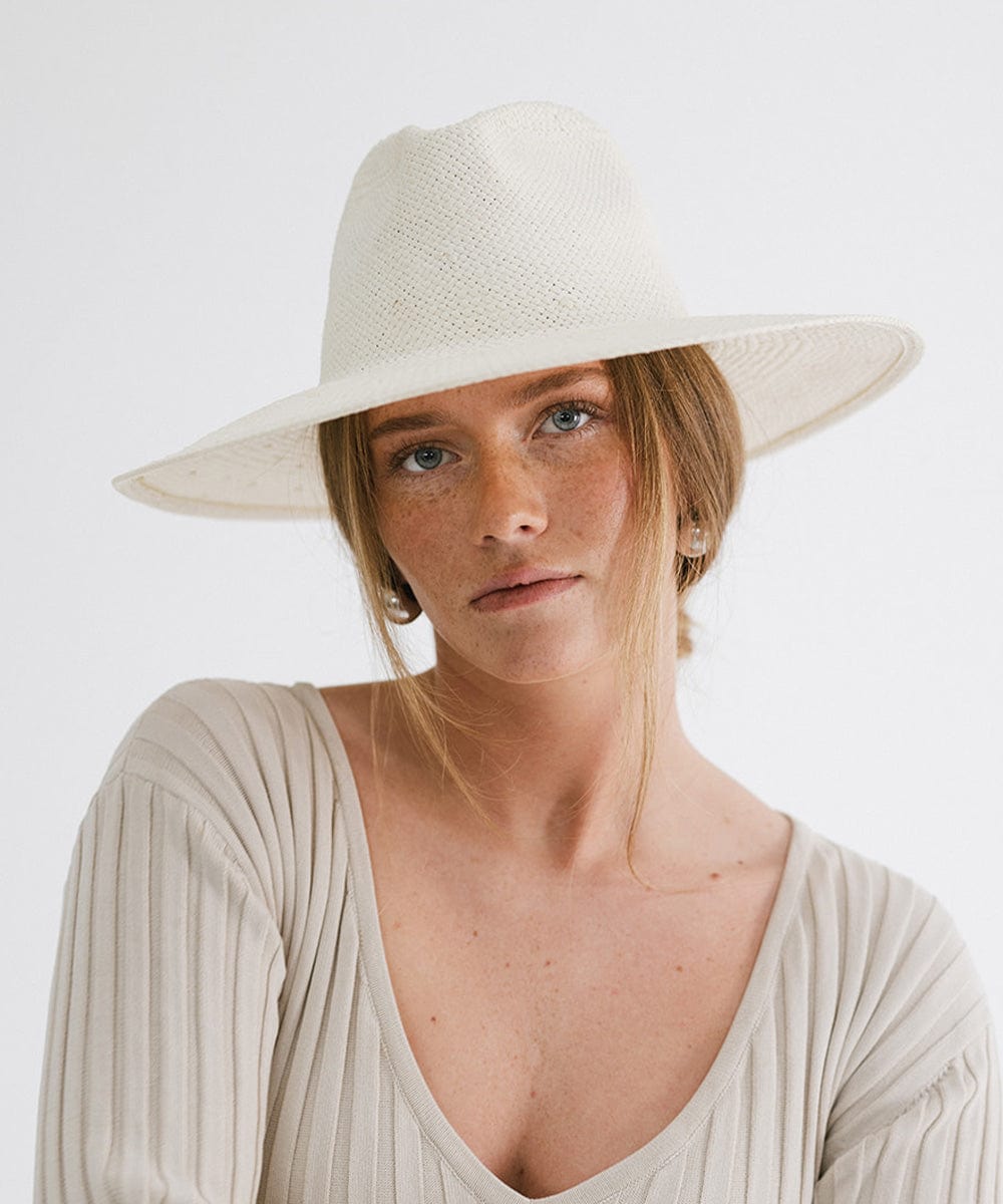 Gigi Pip straw hats for women - Willa A line Wide Brim Fedora - Wide, stiff A-line brim straw fedora hat with a gold circle GP pin on the back [white]