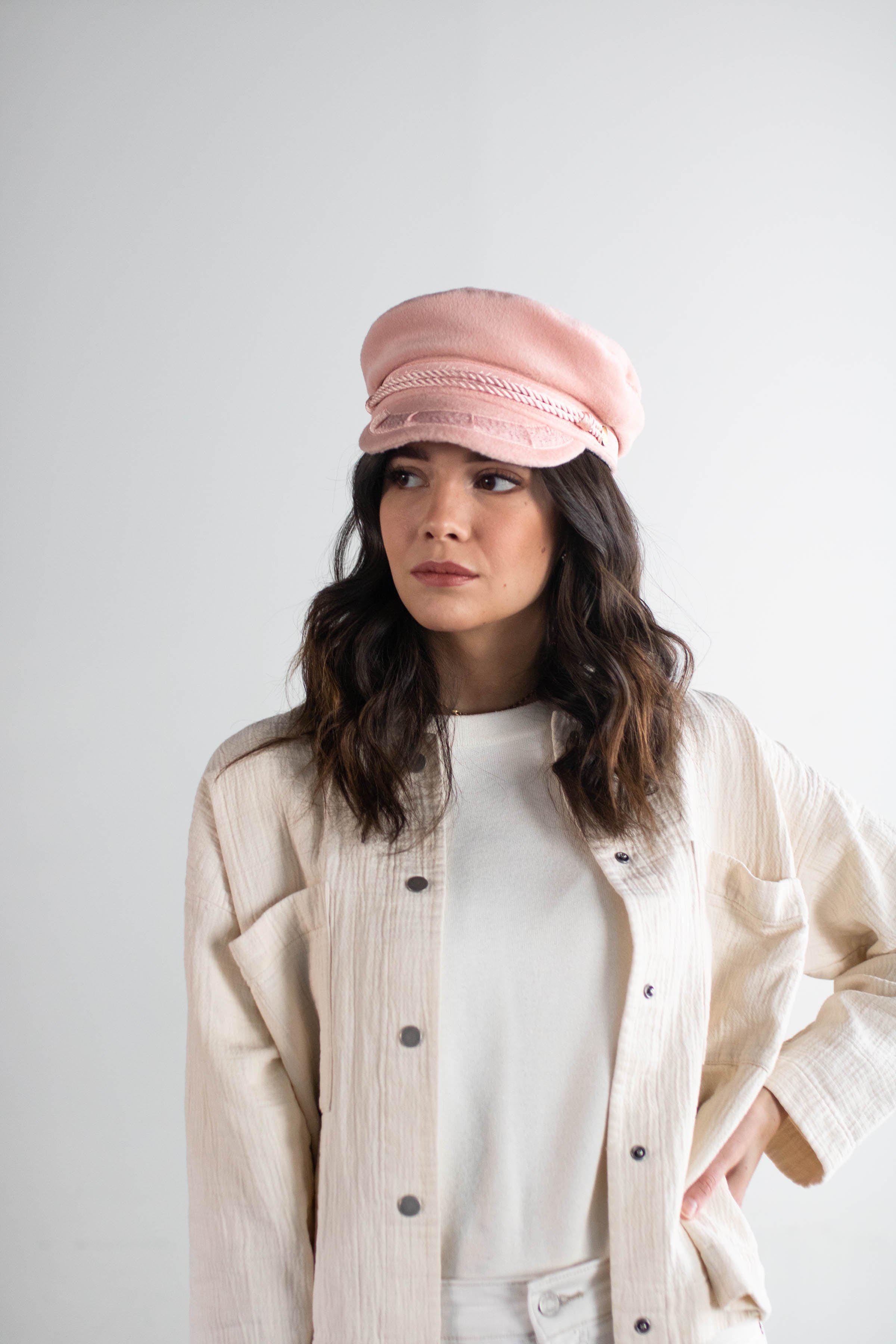 Gigi Pip caps for women - Lieutenant Cap - vintage inspired cap with an adjustable inner band, featuring a braided rope trim, a detailed grosgrain and brass button with the Gigi Pip logo [blush]