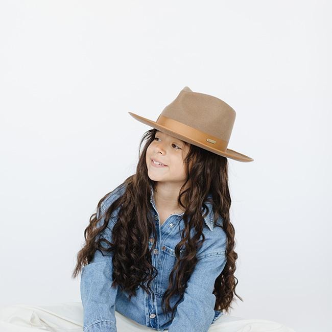 Gigi Pip felt hats for kids - Monroe Kids Rancher - fedora teardrop crown with stiff, upturned brim adorned with a tonal grosgrain band on the crown and brim [brown]