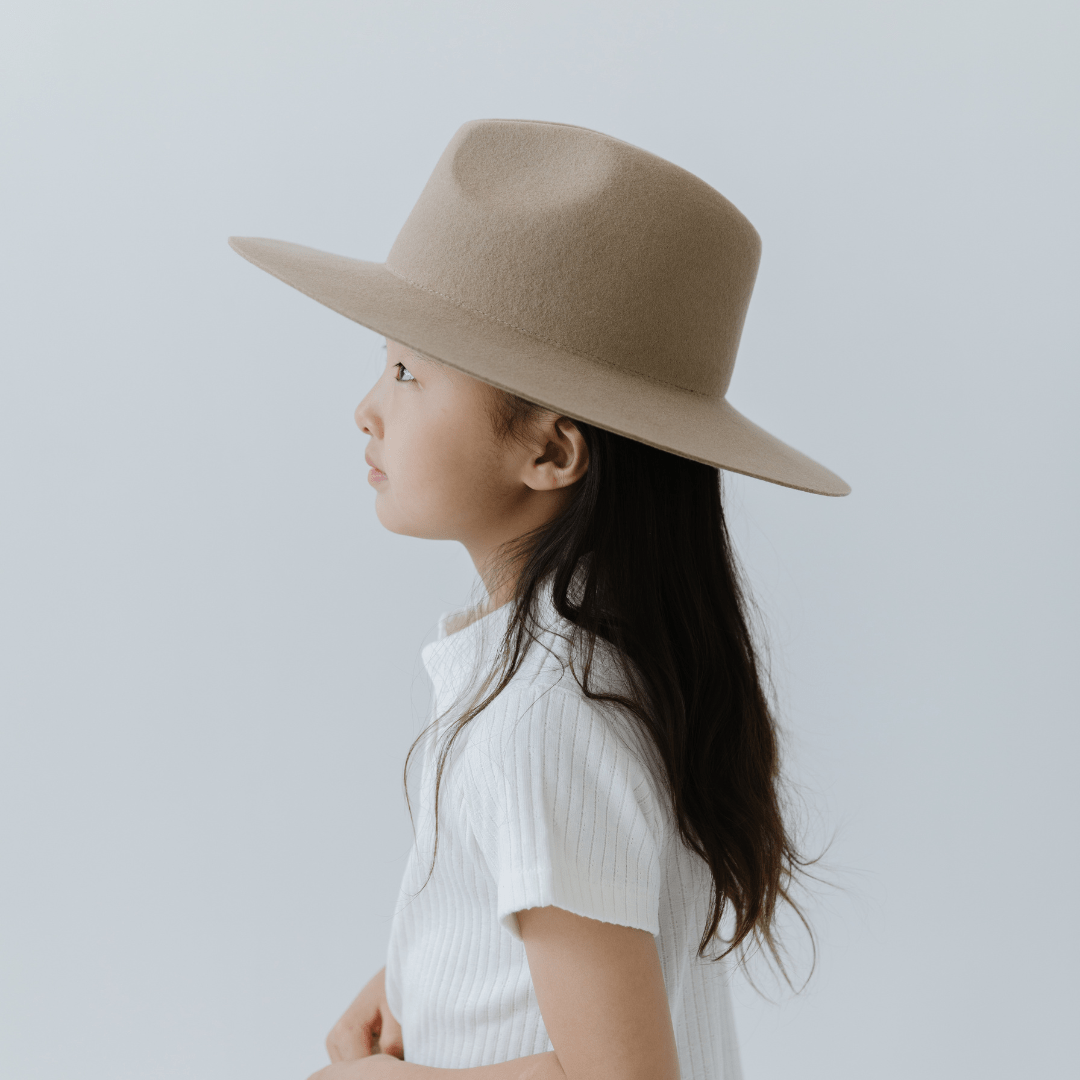 Gigi Pip felt hats for kids - Kids Emma Wide Brim Fedora - classic fedora crown with a stiff, a-line brim [tan]