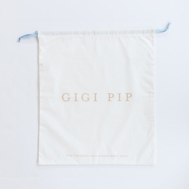 Gigi Pip hat care products - Bridal Keepsake Bag - 100% cotton duster bag for hat storage + safety with a bridal twist featuring baby blue drawstrings to secure your hat inside [white]